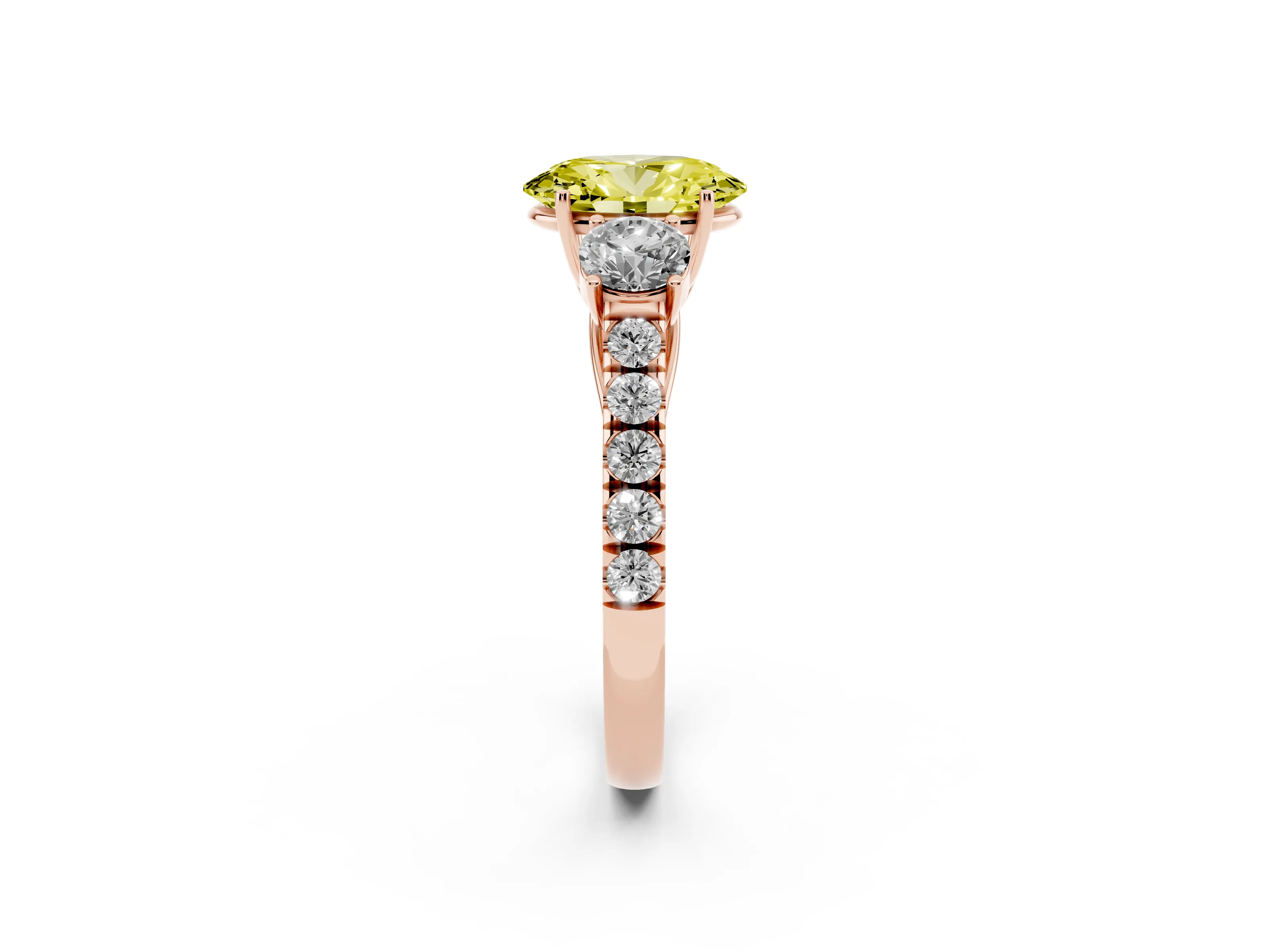 Fancy Yellow Oval Cut Diamond Three-Stone Ring Set in Rose gold with Round Side Stones and Delicate Pavé Band