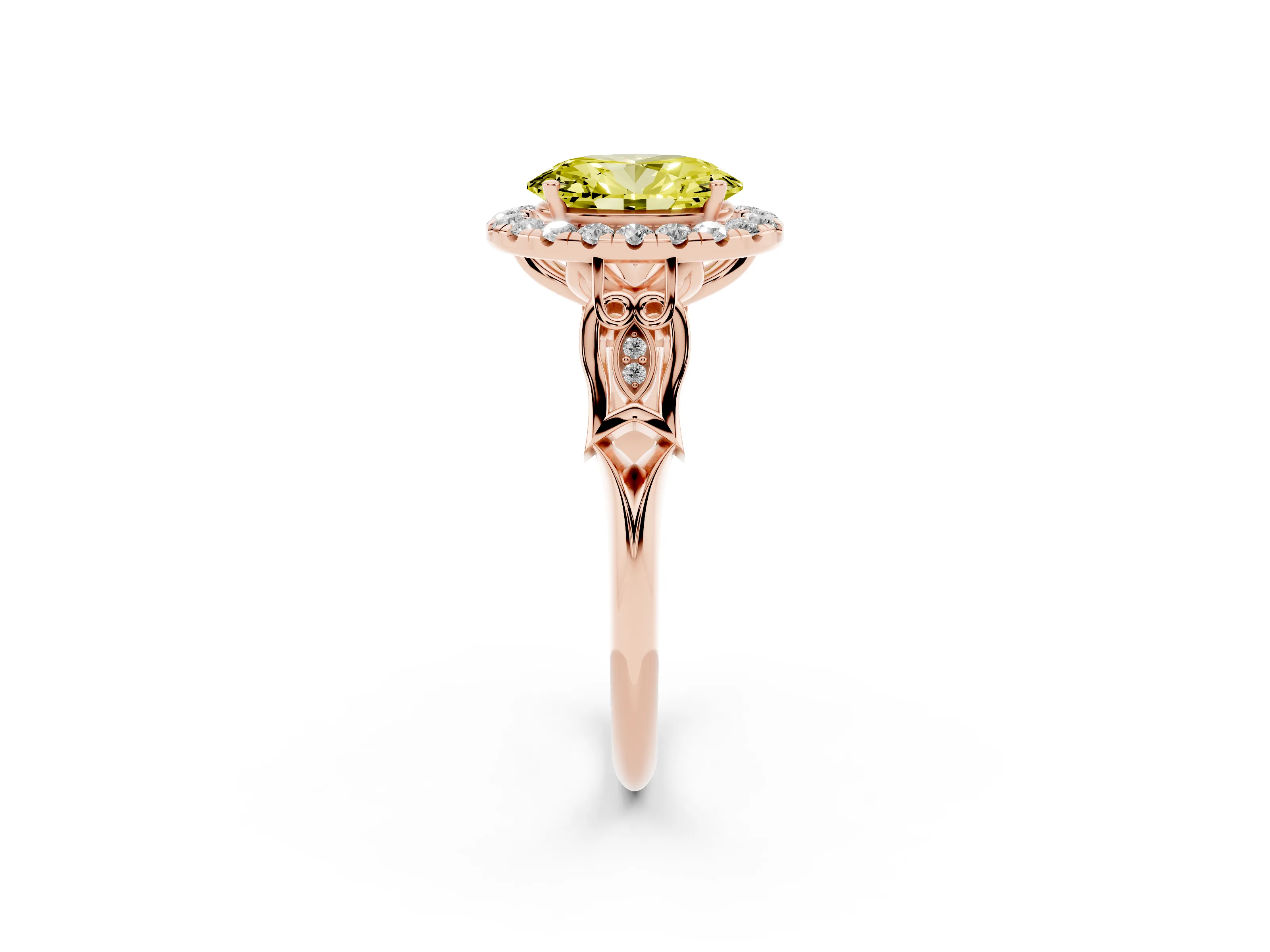 Fancy Yellow Oval Cut Diamond Halo Engagement Ring Set in Rose gold with Filigree Band and Prong-Set Center