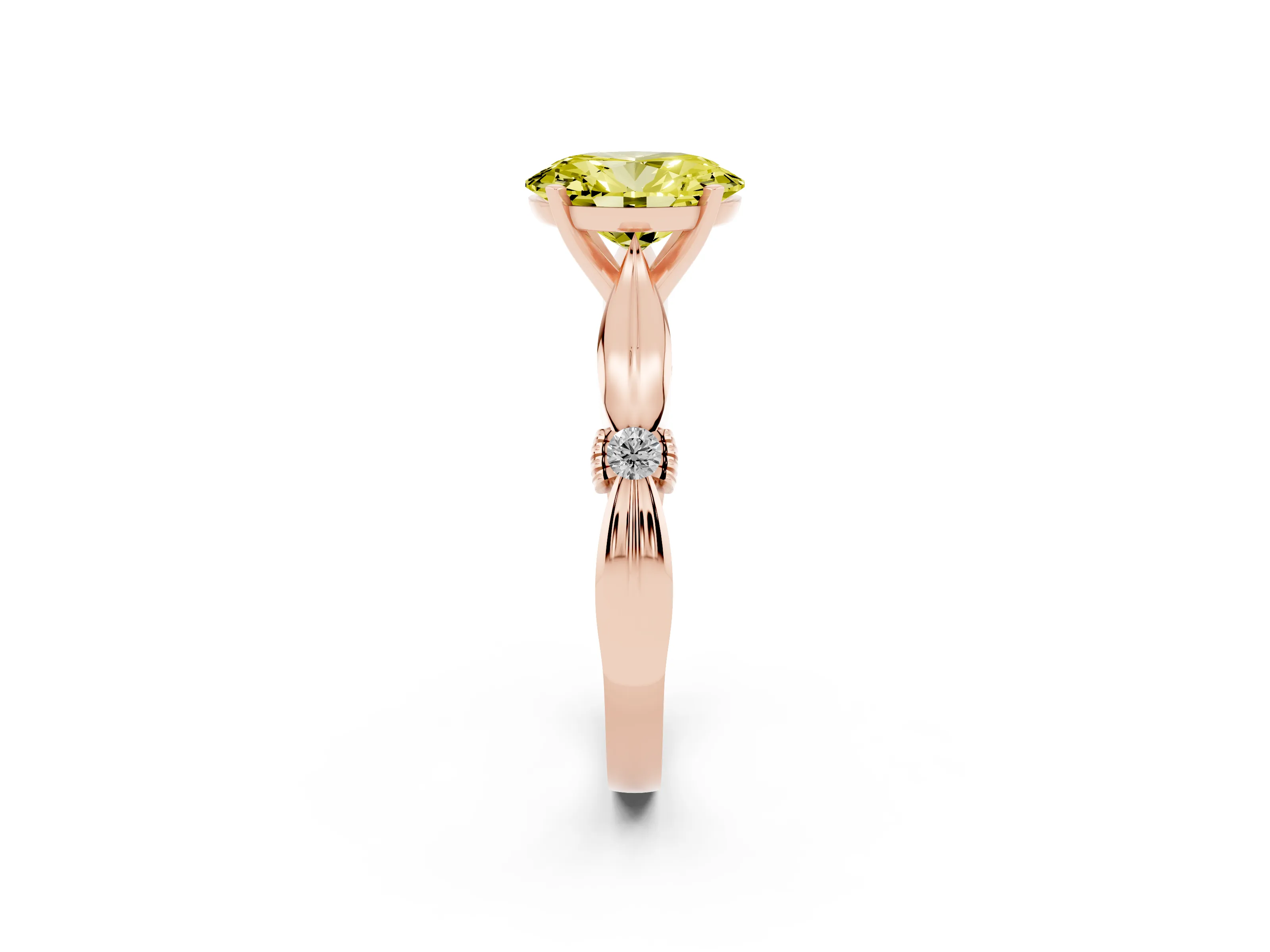 Fancy Yellow Oval Cut Diamond Solitaire Twisted Band Ring Set in Rose gold with Accent Stones and Prong Setting