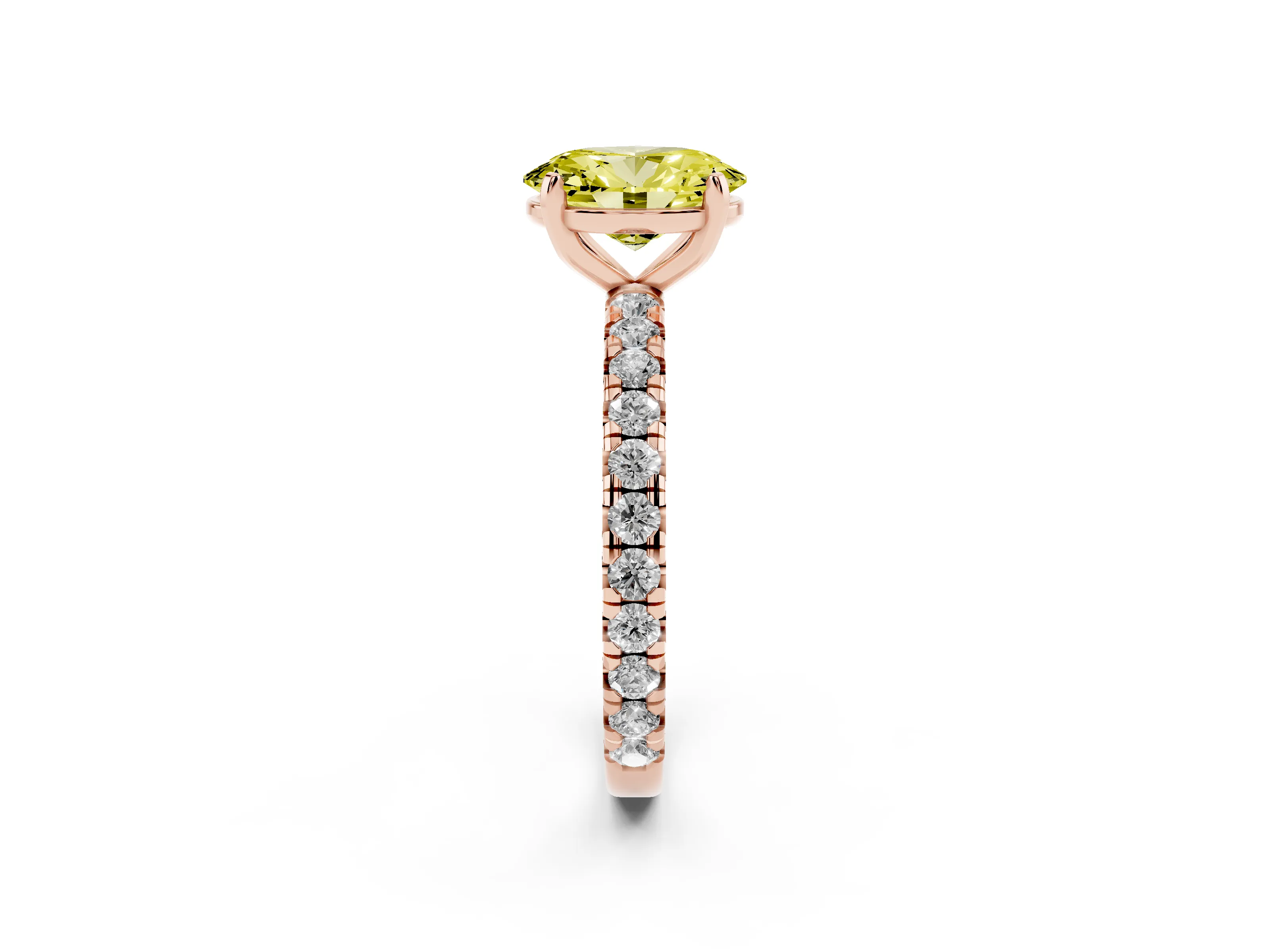Fancy Yellow Oval Cut Diamond Pavé Solitaire Ring Set in Rose gold with Round Band and Prong Setting