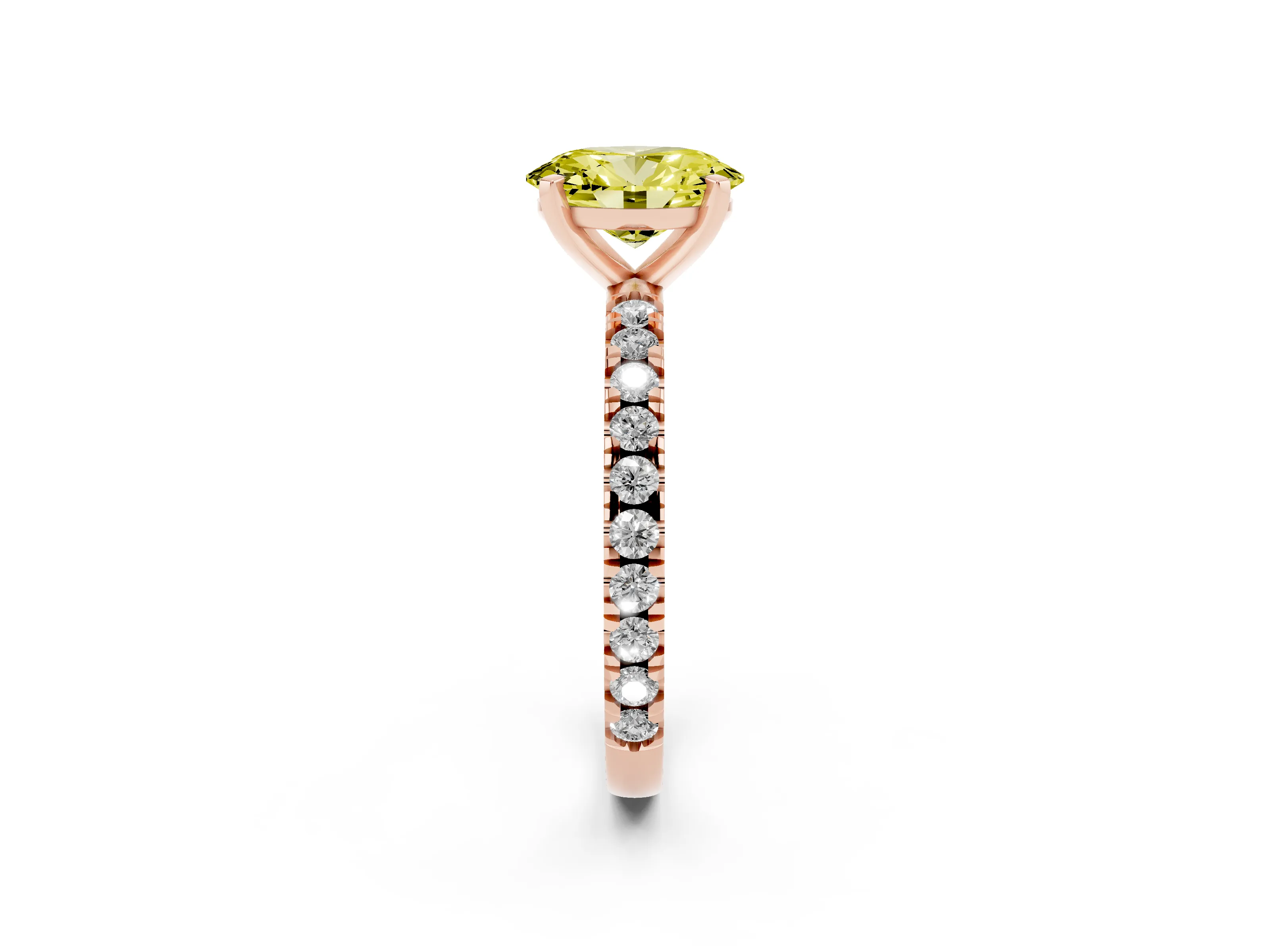 Fancy Yellow Oval Cut Diamond Pavé Band Solitaire Set in Rose gold with Prong Setting
