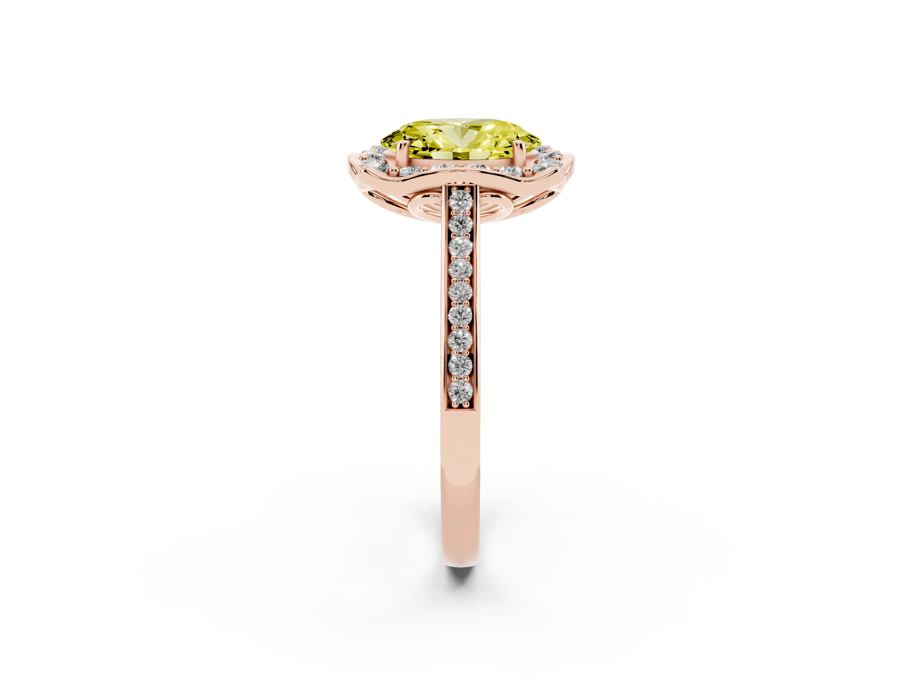 Fancy Yellow Oval Cut Diamond Halo Ring Set in Rose gold with Pavé-Lined Shoulders and Prong Setting