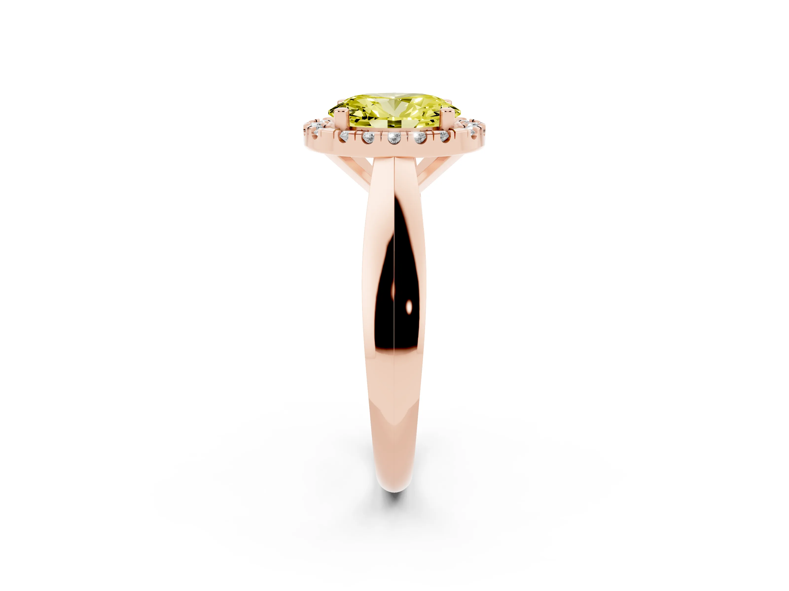 Fancy Yellow Oval Cut Diamond Halo Solitaire Engagement Ring Set in Rose gold with Square Band and Prong Setting