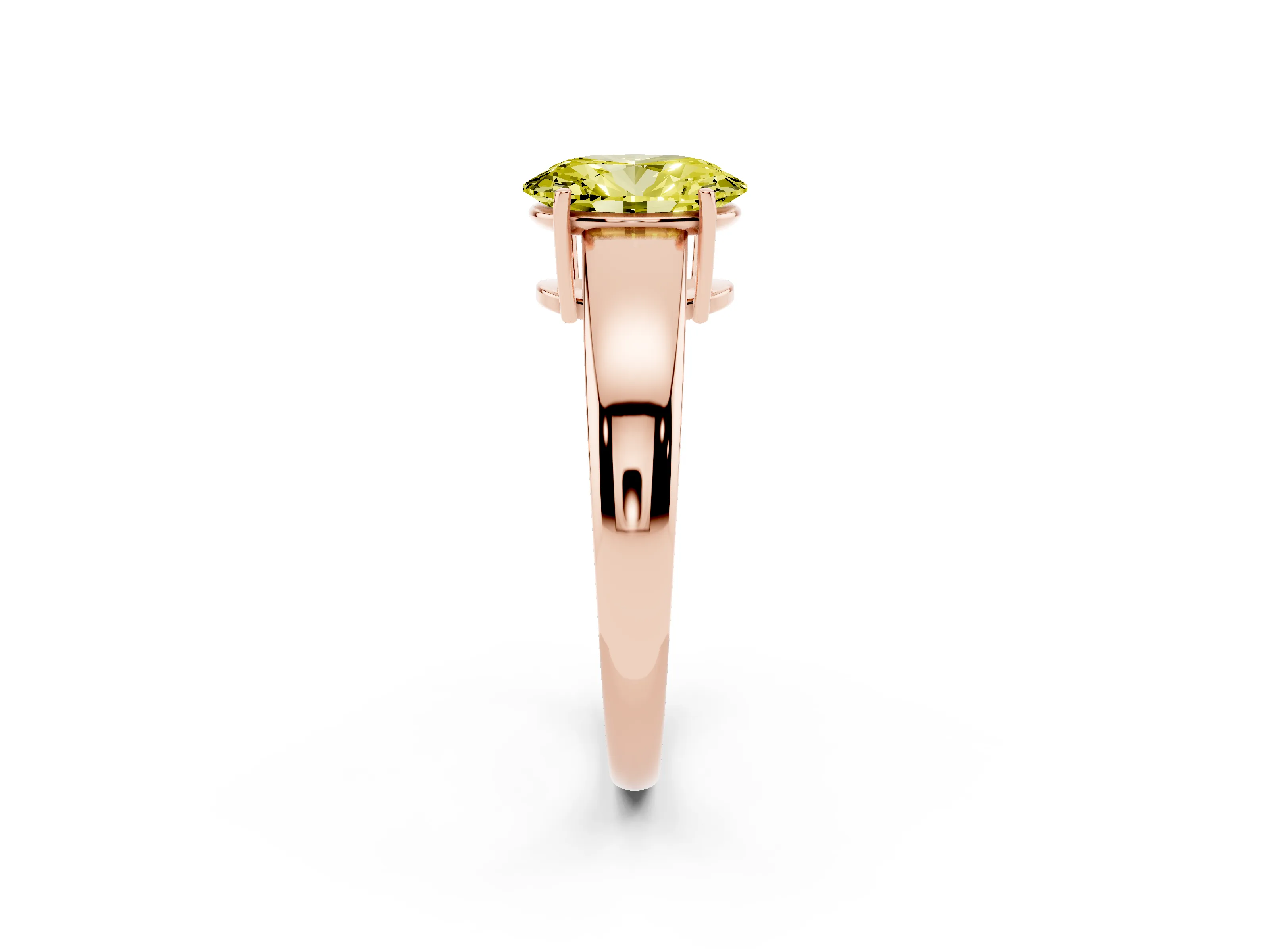 Fancy Yellow Oval Cut Diamond Solitaire Ring Set in Rose gold with Tapered Band and Prong Setting