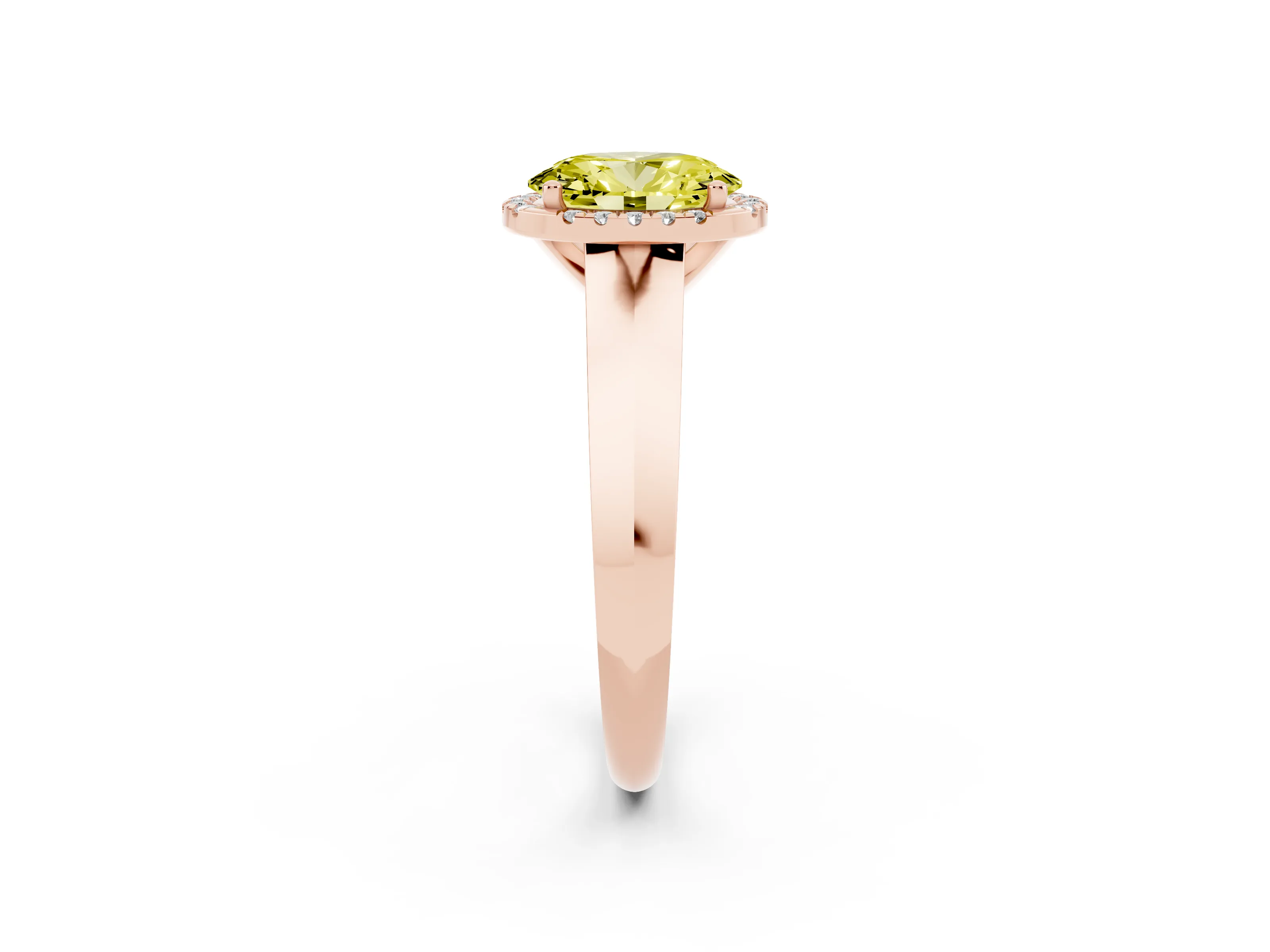 Fancy Yellow Oval Cut Diamond Halo Ring Set in Rose gold with Cathedral Band and Prong Setting