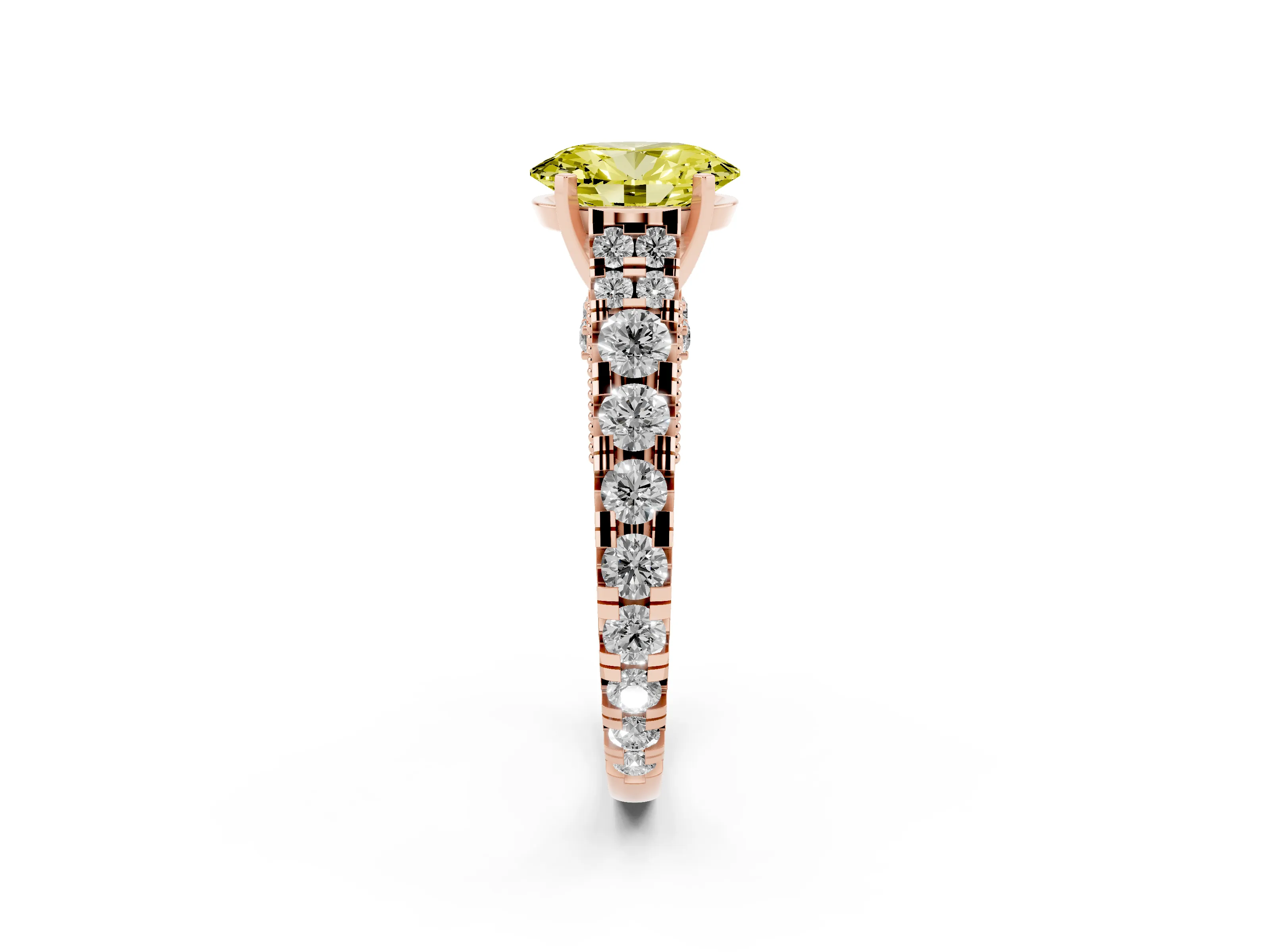 Fancy Yellow Oval Cut Diamond Classic Solitaire Ring Set in Rose gold with Pavé Band and Prong Setting
