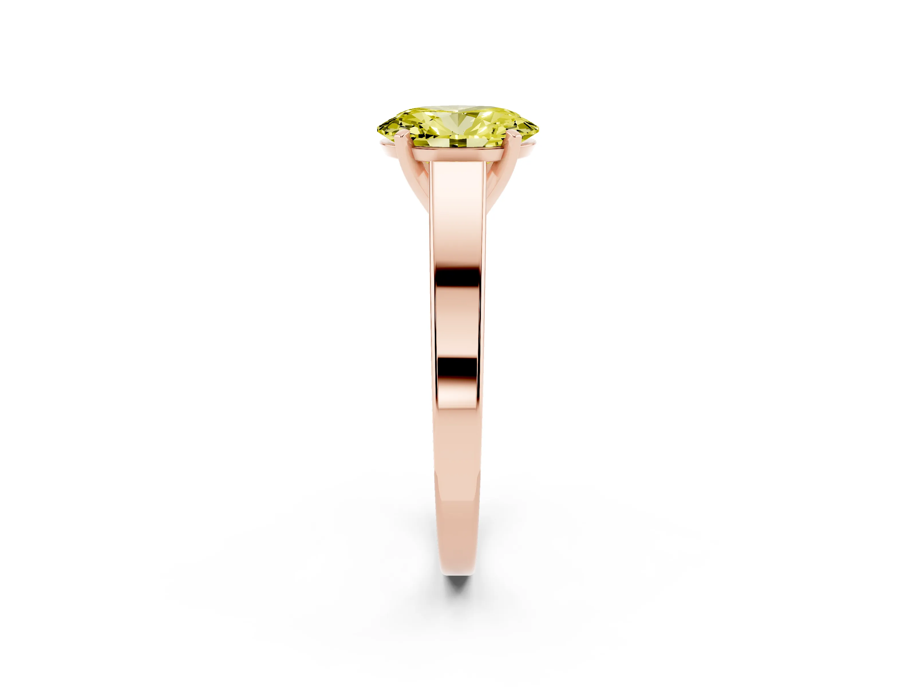 Fancy Yellow Oval Cut Diamond Solitaire Engagement Ring Set in Rose gold with Prong Setting and Tapered Band