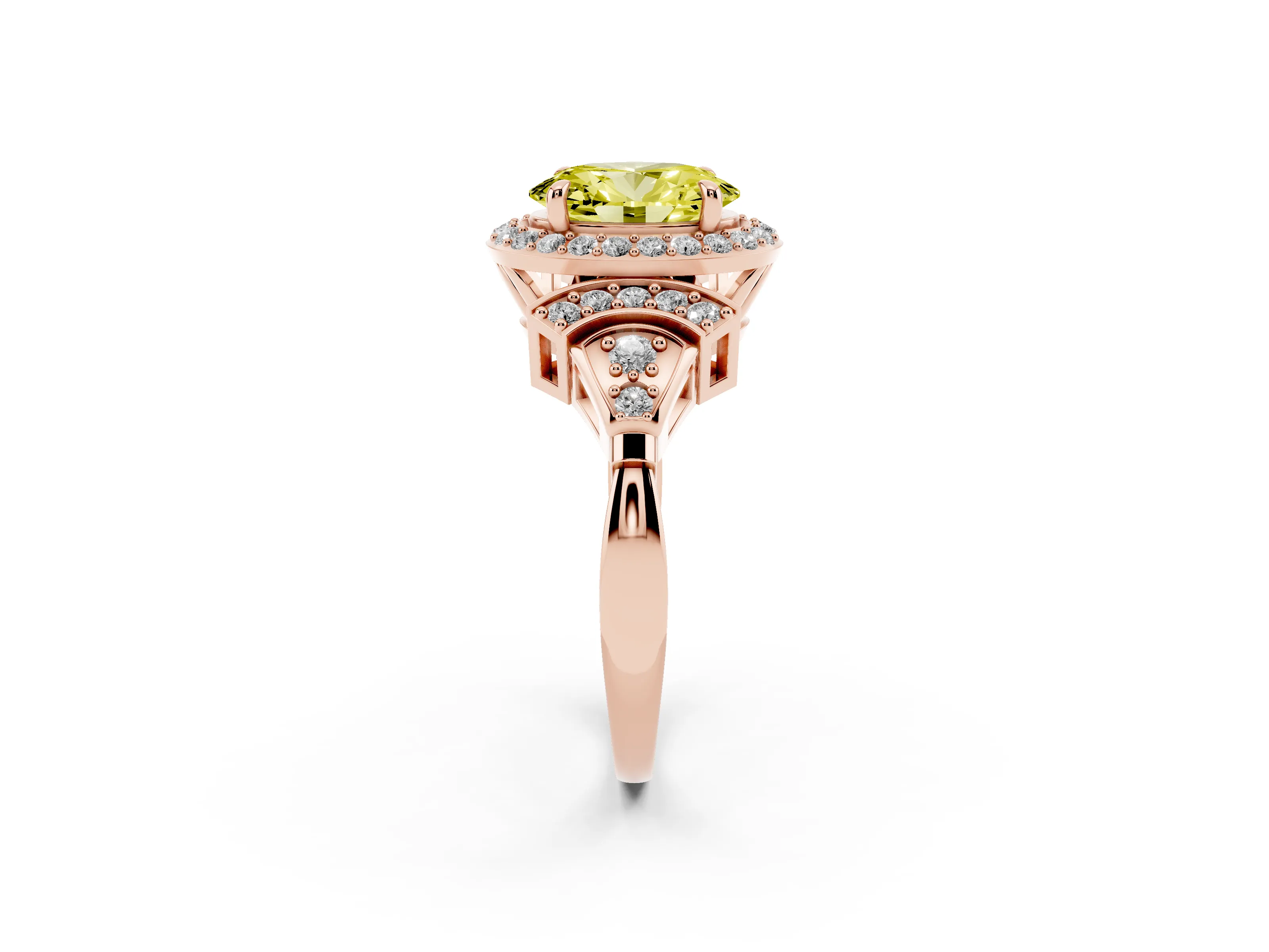 Fancy Yellow Oval Cut Diamond Halo Engagement Ring Set in Rose gold with Accent Stone Split Shank