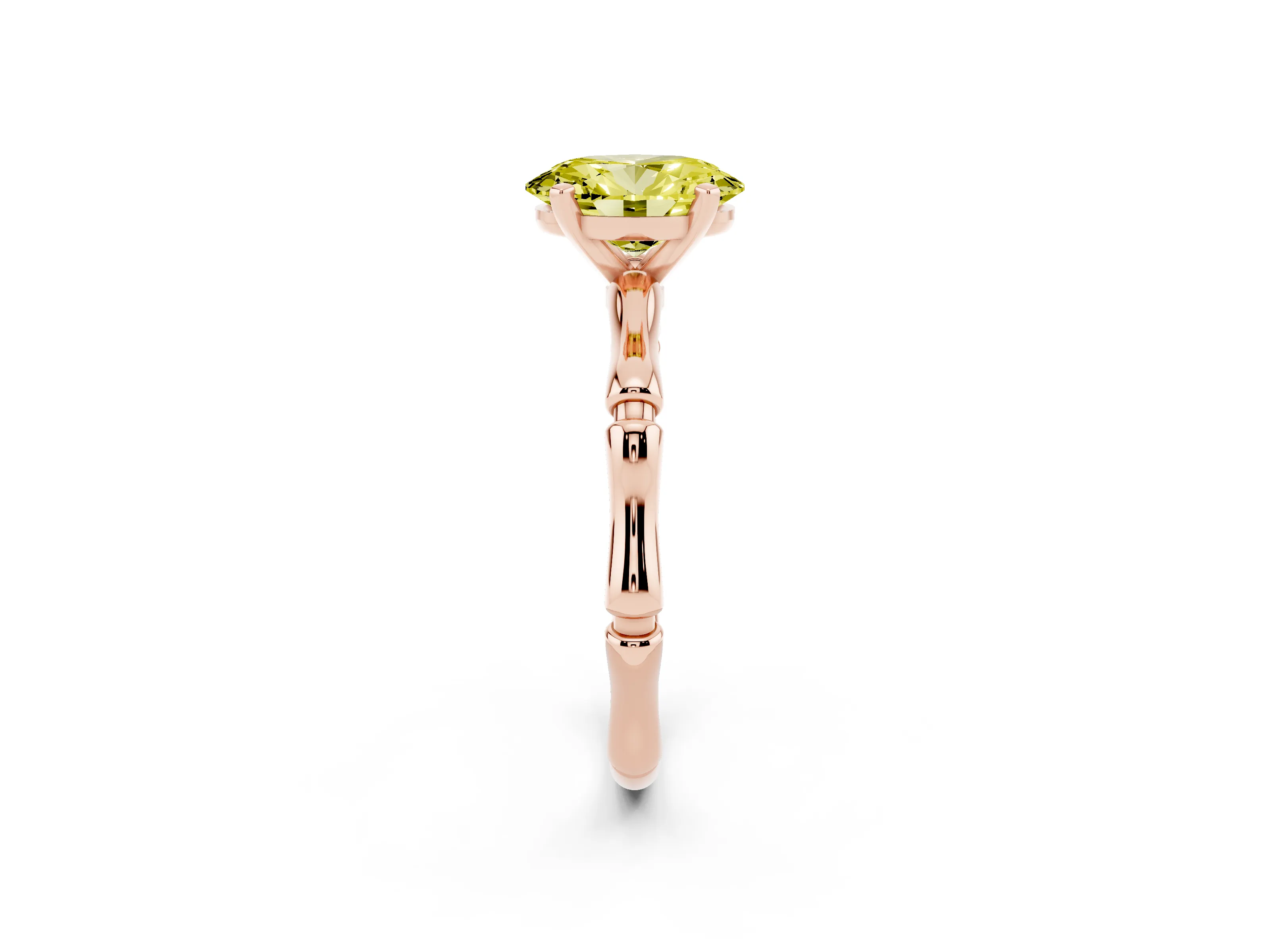 Fancy Yellow Oval Cut Diamond Solitaire Ring Set in Rose gold with Bamboo Band and Prong Setting