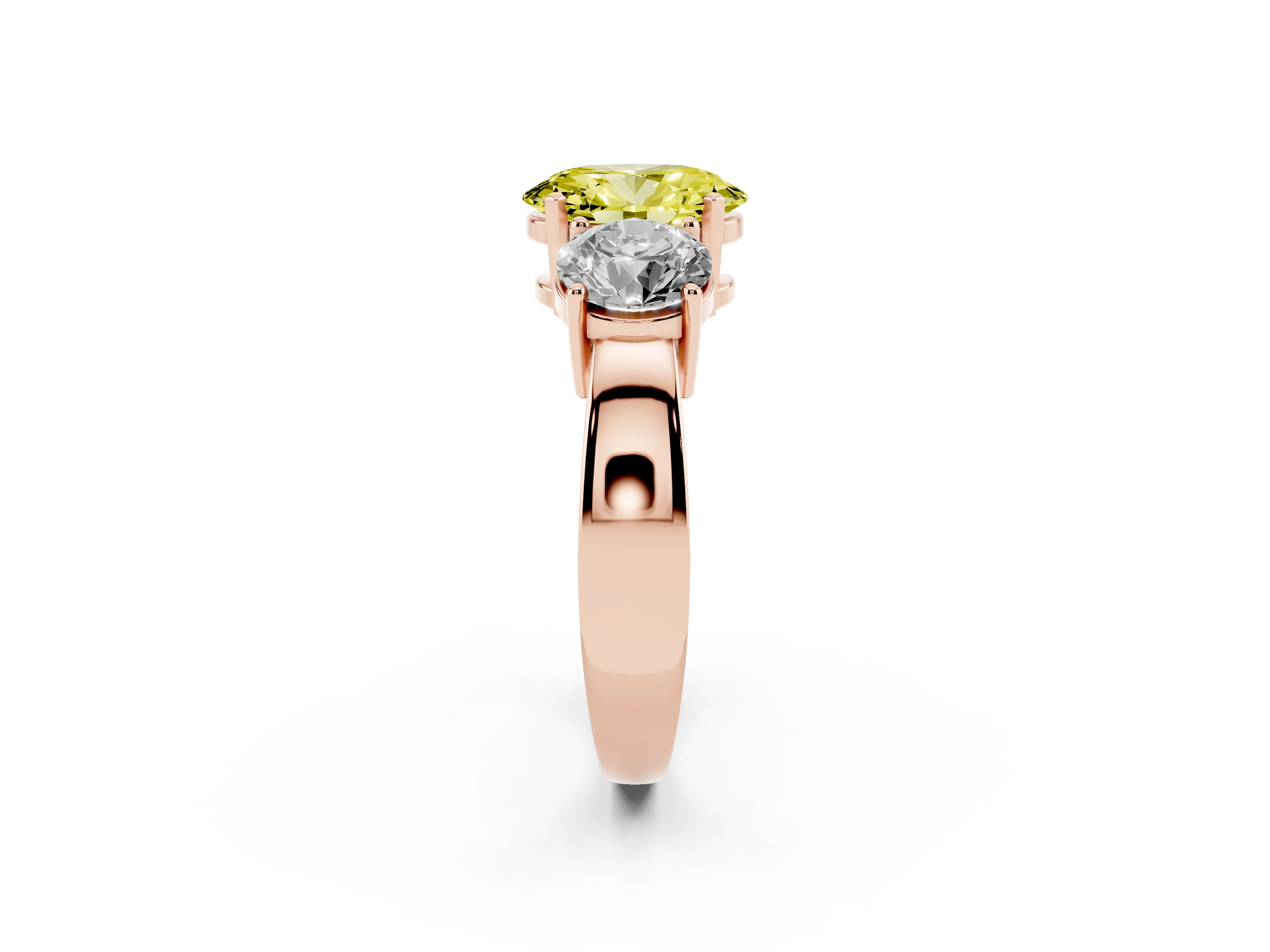Fancy Yellow Oval Cut Diamond Three-Stone Ring Set in Rose gold with Round Side Stones and Classic Band