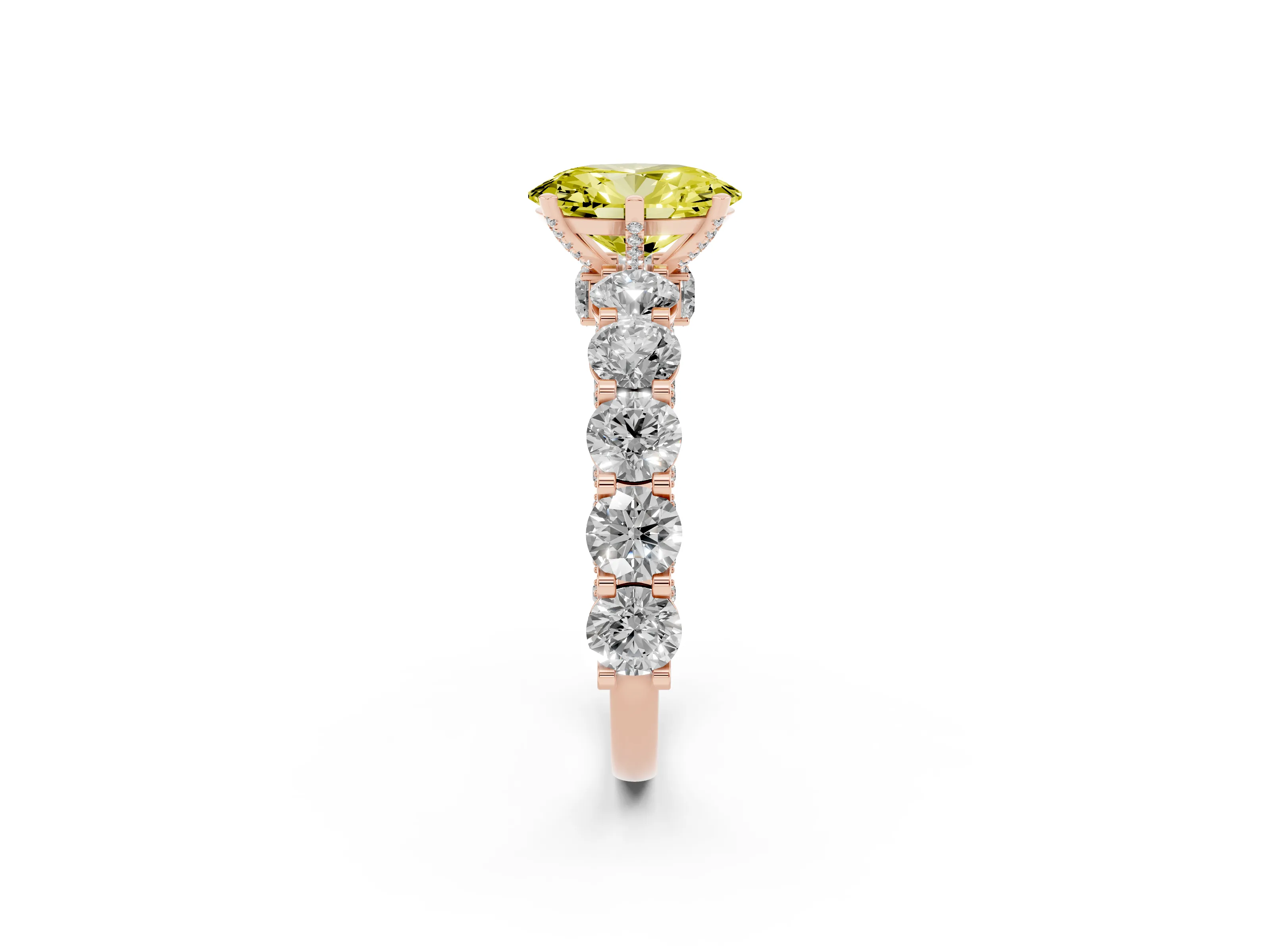 Fancy Yellow Oval Cut Diamond Side Stone Ring Set in Rose gold with Alternating Round and Oval Side Stones