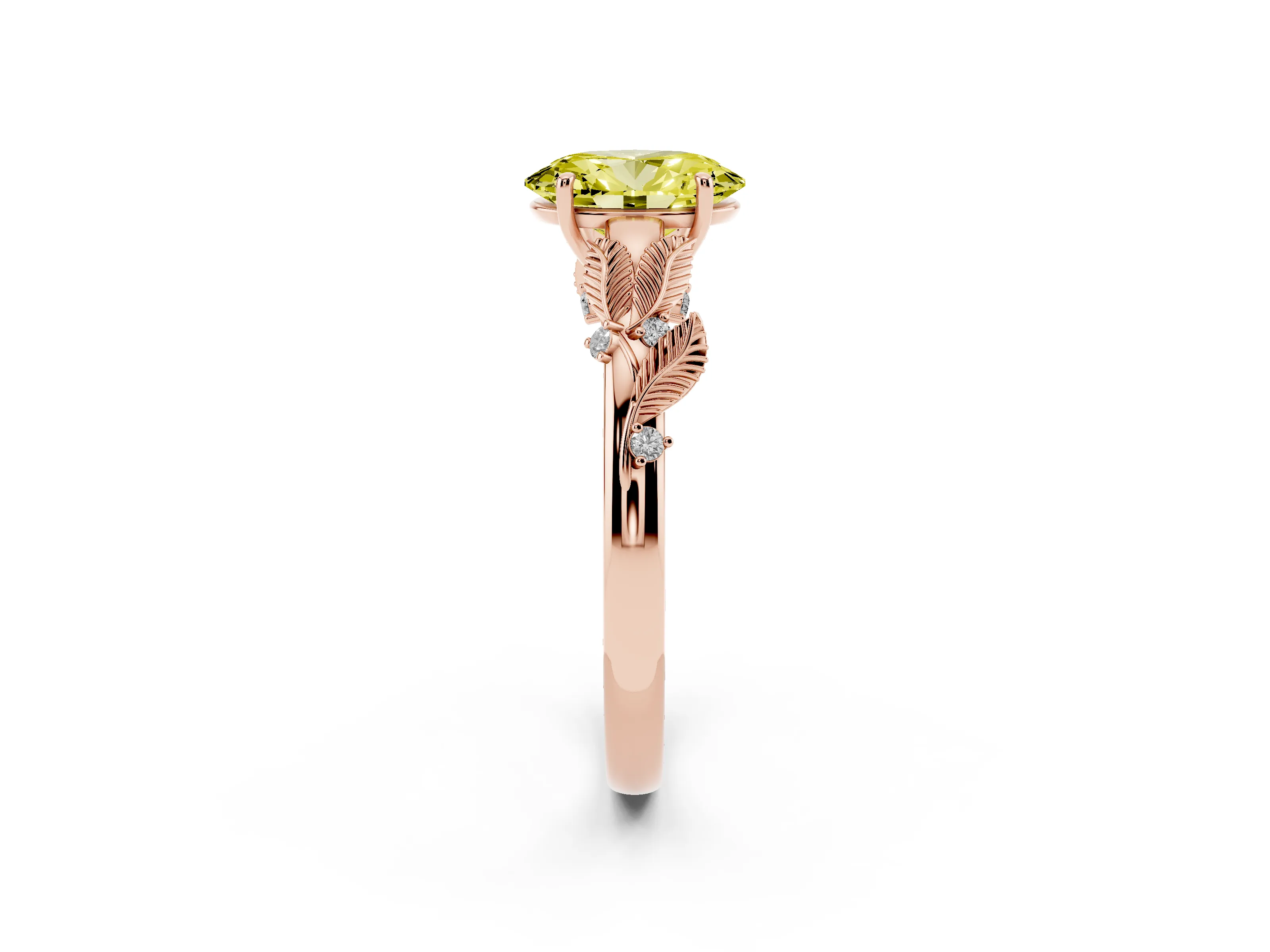 Fancy Yellow Oval Cut Diamond Solitaire Ring Set in Rose gold with Leaf Motif Band