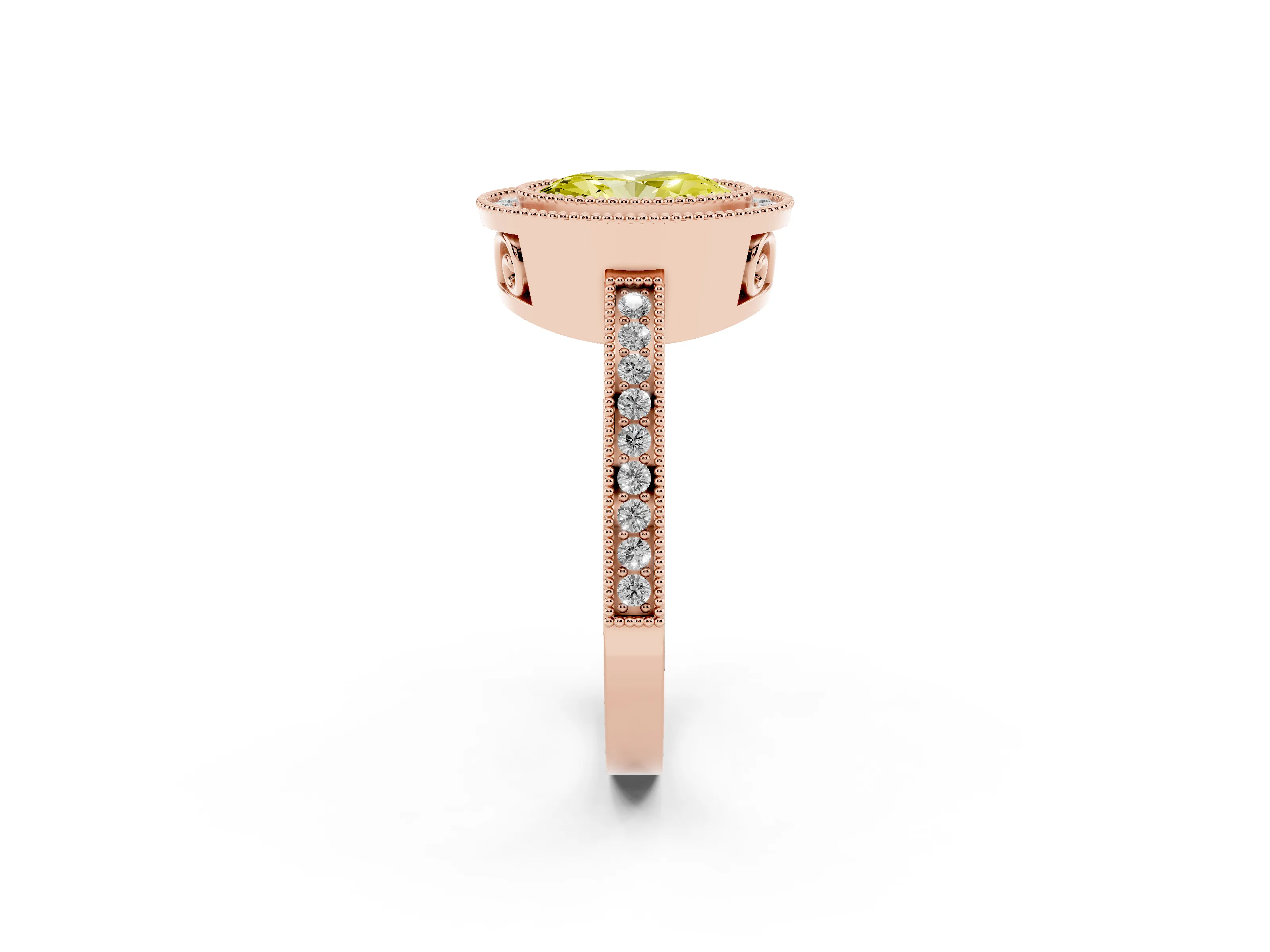 Fancy Yellow Oval Cut Diamond Halo Ring Set in Rose gold with Pavé Band and Milgrain-Edged Prongs
