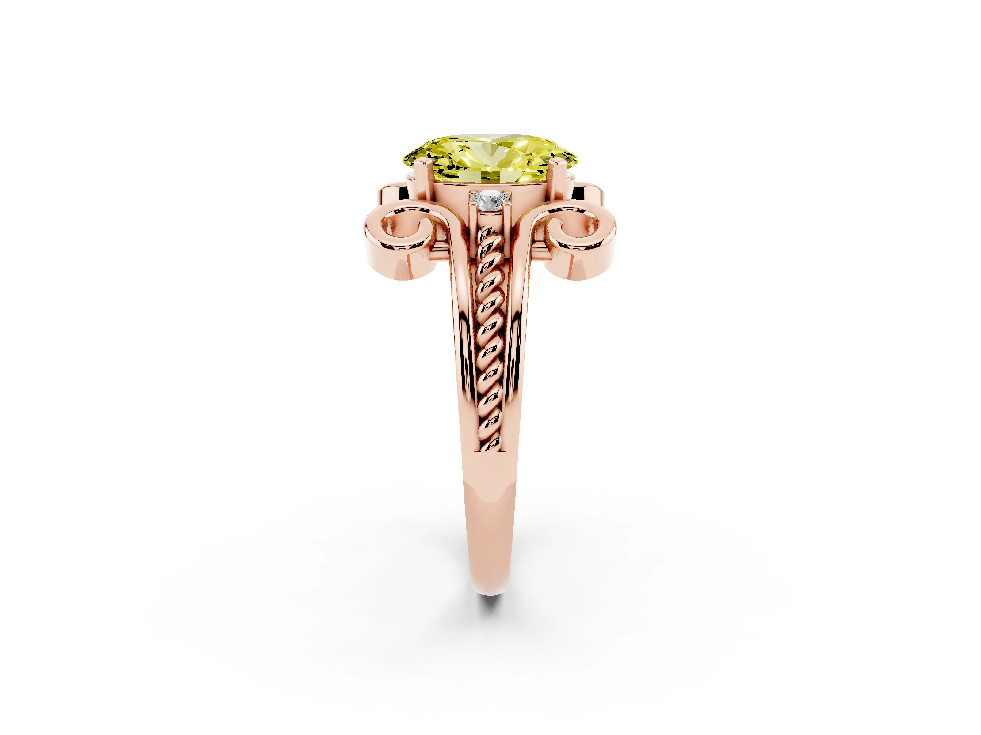 Fancy Yellow Oval Cut Diamond Twisted Band Solitaire Ring Set in Rose gold with Scroll Prongs