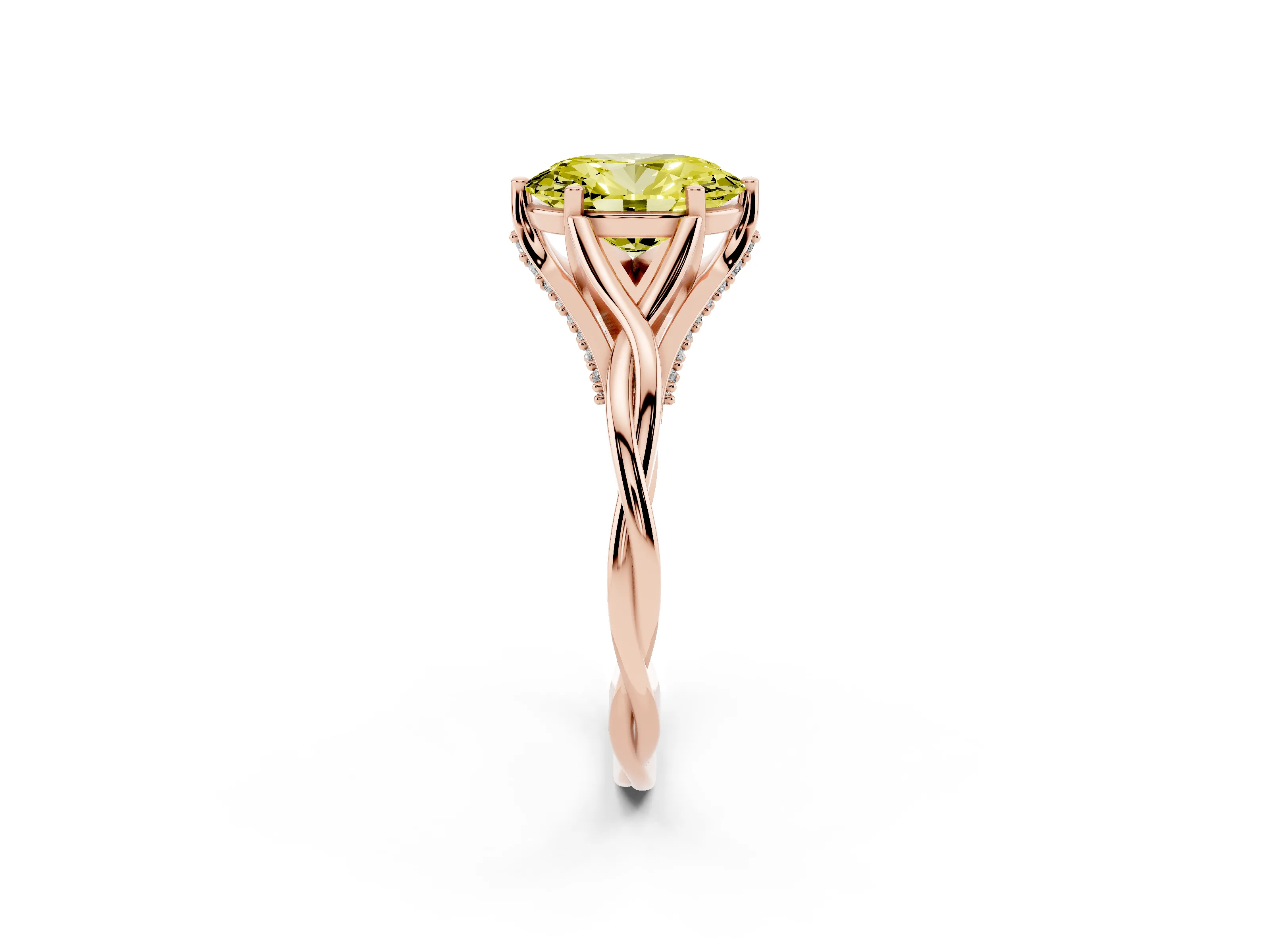 Fancy Yellow Oval Cut Diamond Intertwined Twist Band Solitaire Ring Set in Rose gold with Prong Setting
