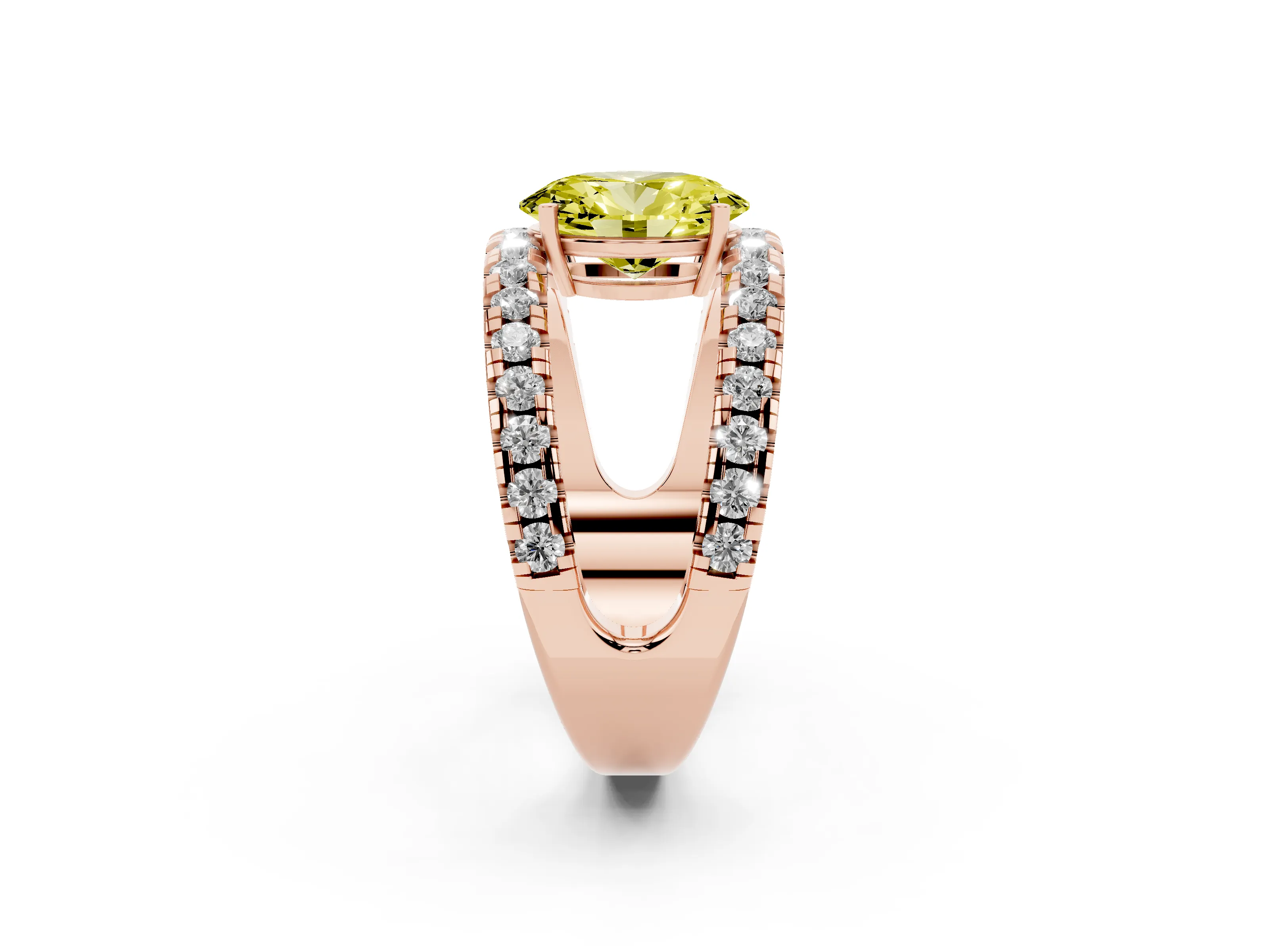 Fancy Yellow Oval Cut Diamond Split Shank Pavé Solitaire Ring Set in Rose gold with Open Shank Design