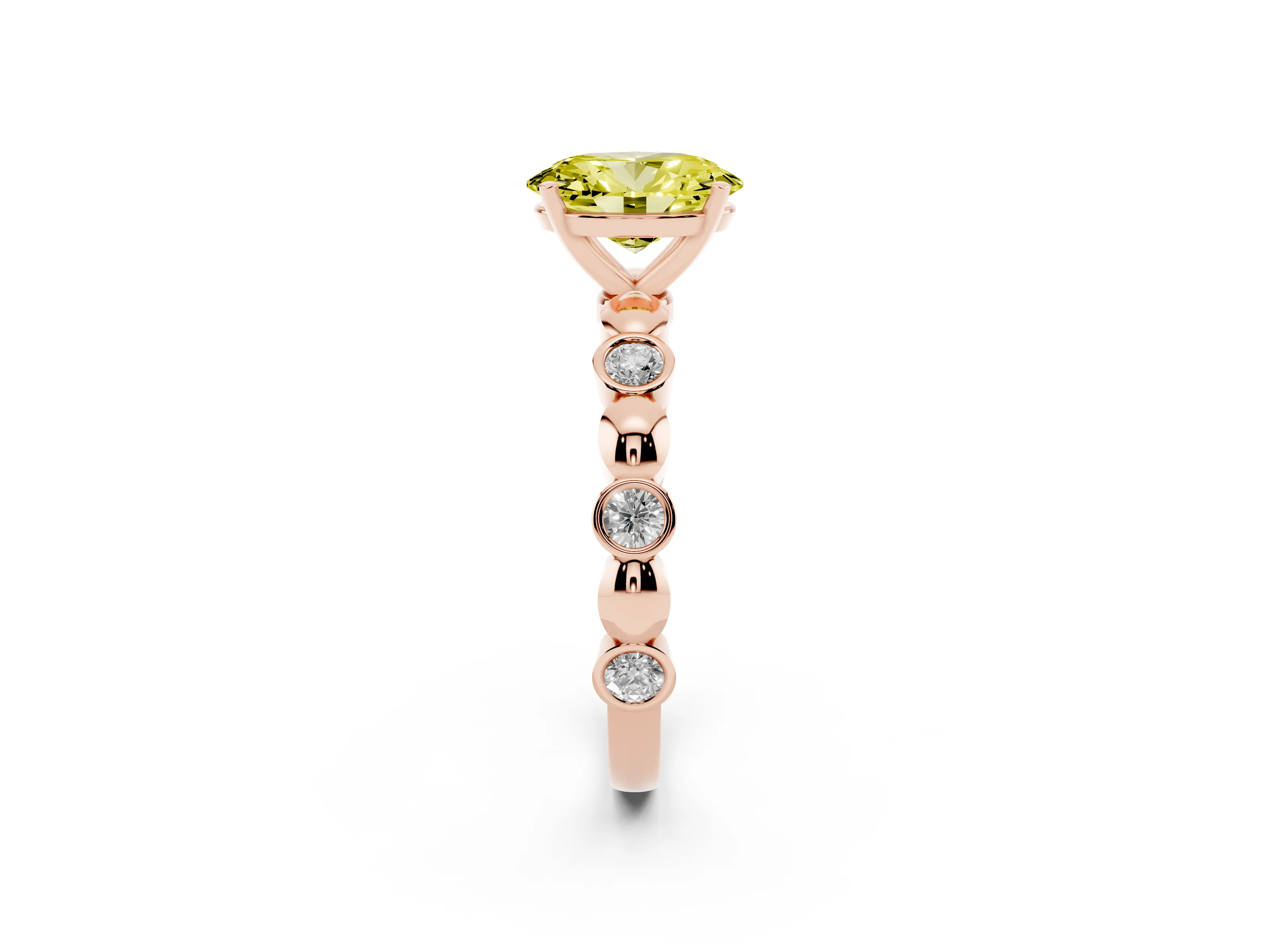 Fancy Yellow Oval Cut Diamond Solitaire Ring Set in Rose gold with Bezel-Set Accents on Beaded Band and Prong Setting