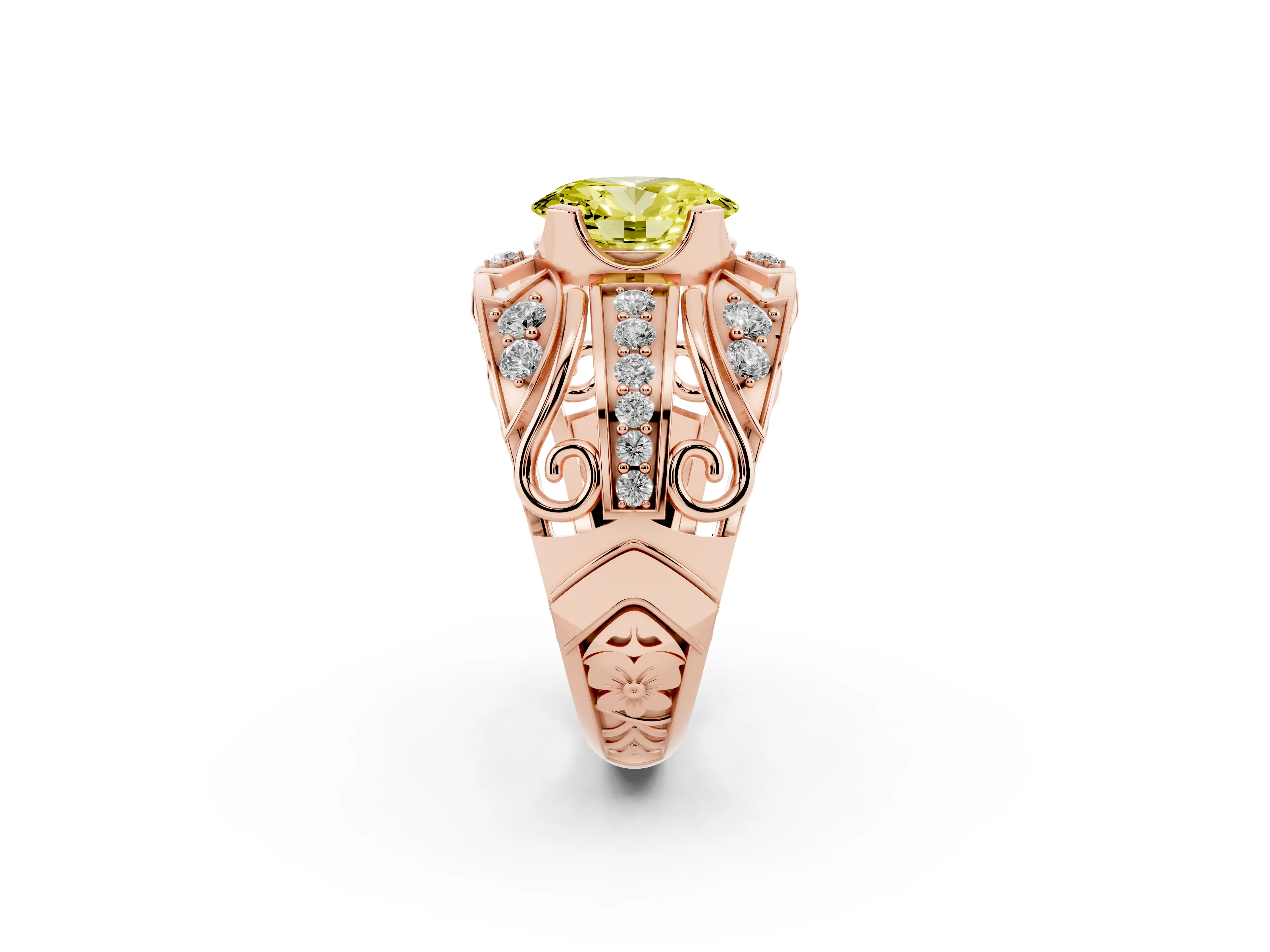 Fancy Yellow Oval Cut Diamond Art Deco Ring Set in Rose gold with Pavé Split Shank