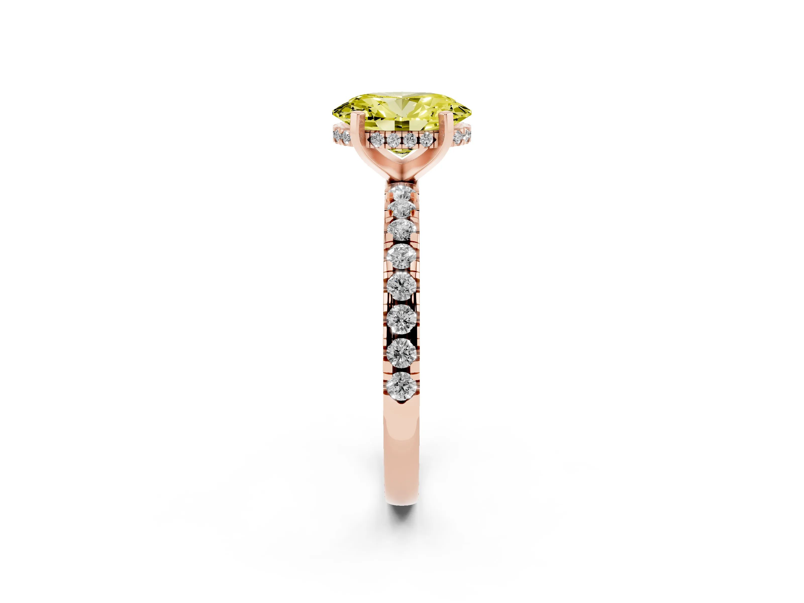 Fancy Yellow Oval Cut Diamond Pavé Solitaire Ring Set in Rose gold with Round Band Accents and Prong Setting