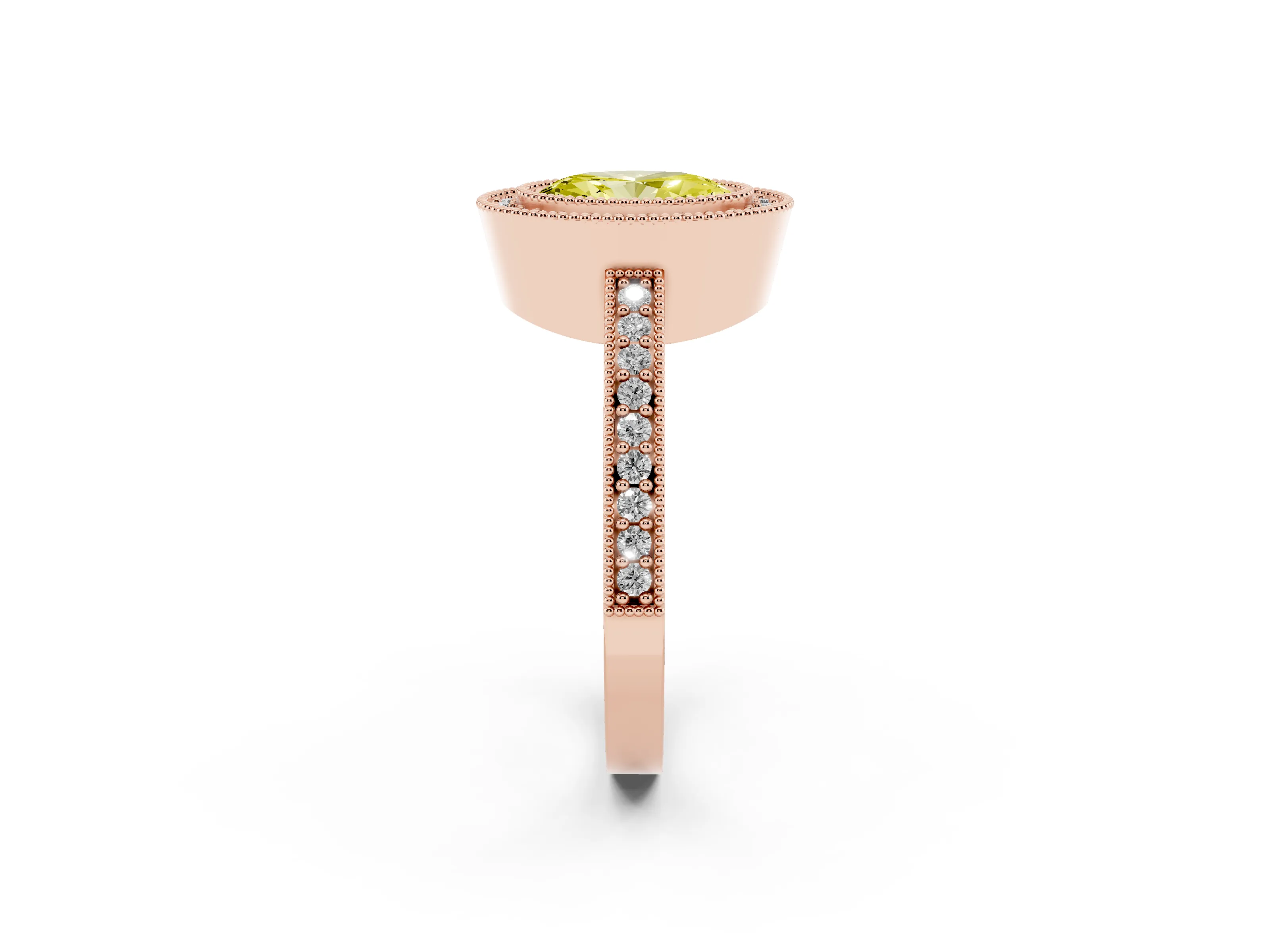 Fancy Yellow Oval Cut Diamond Halo Engagement Ring Set in Rose gold with Pavé Band and Round Halo Stones
