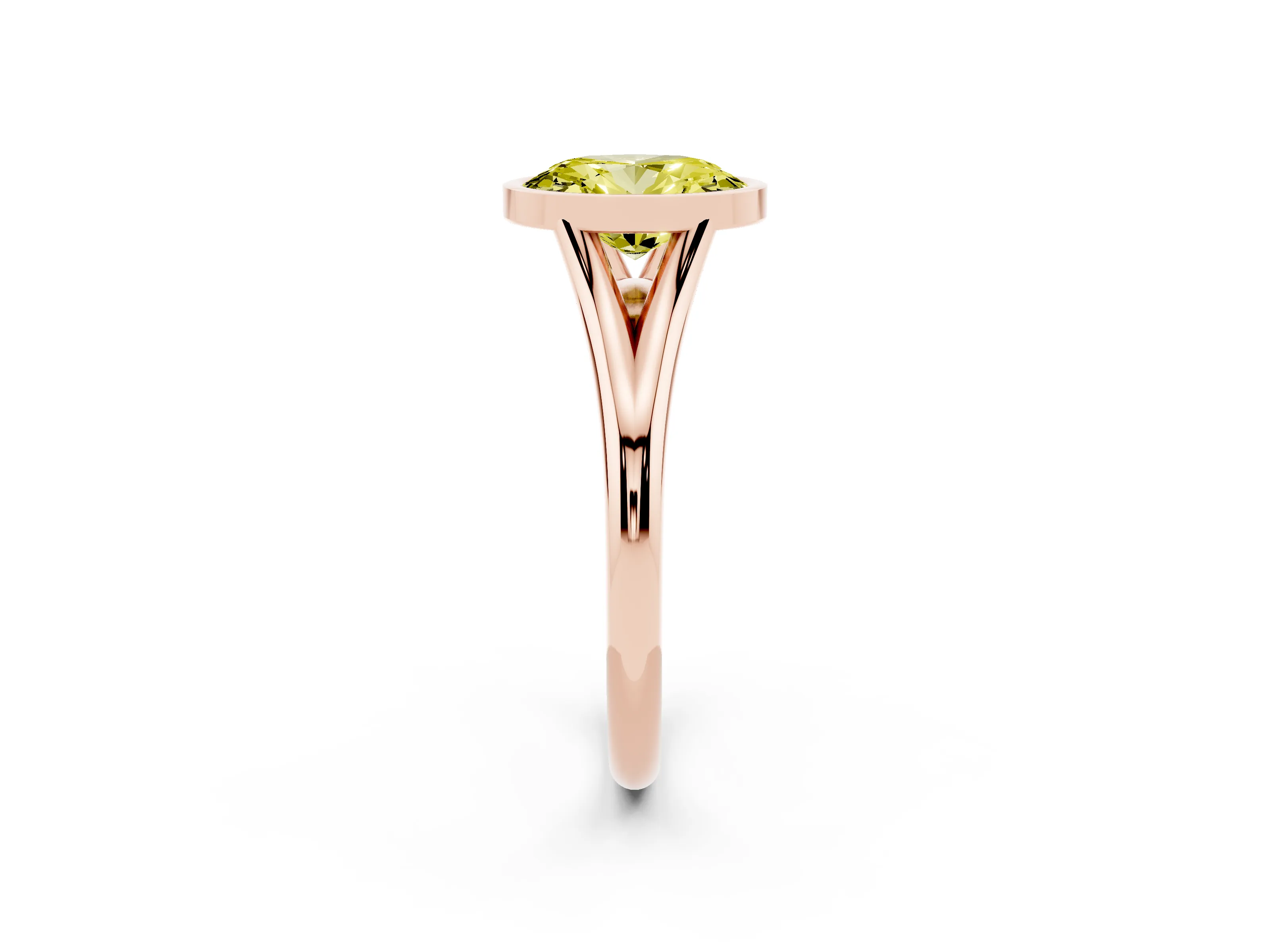 Fancy Yellow Bezel Set Oval Cut Diamond Solitaire Ring Set in Rose gold with Tapered Band