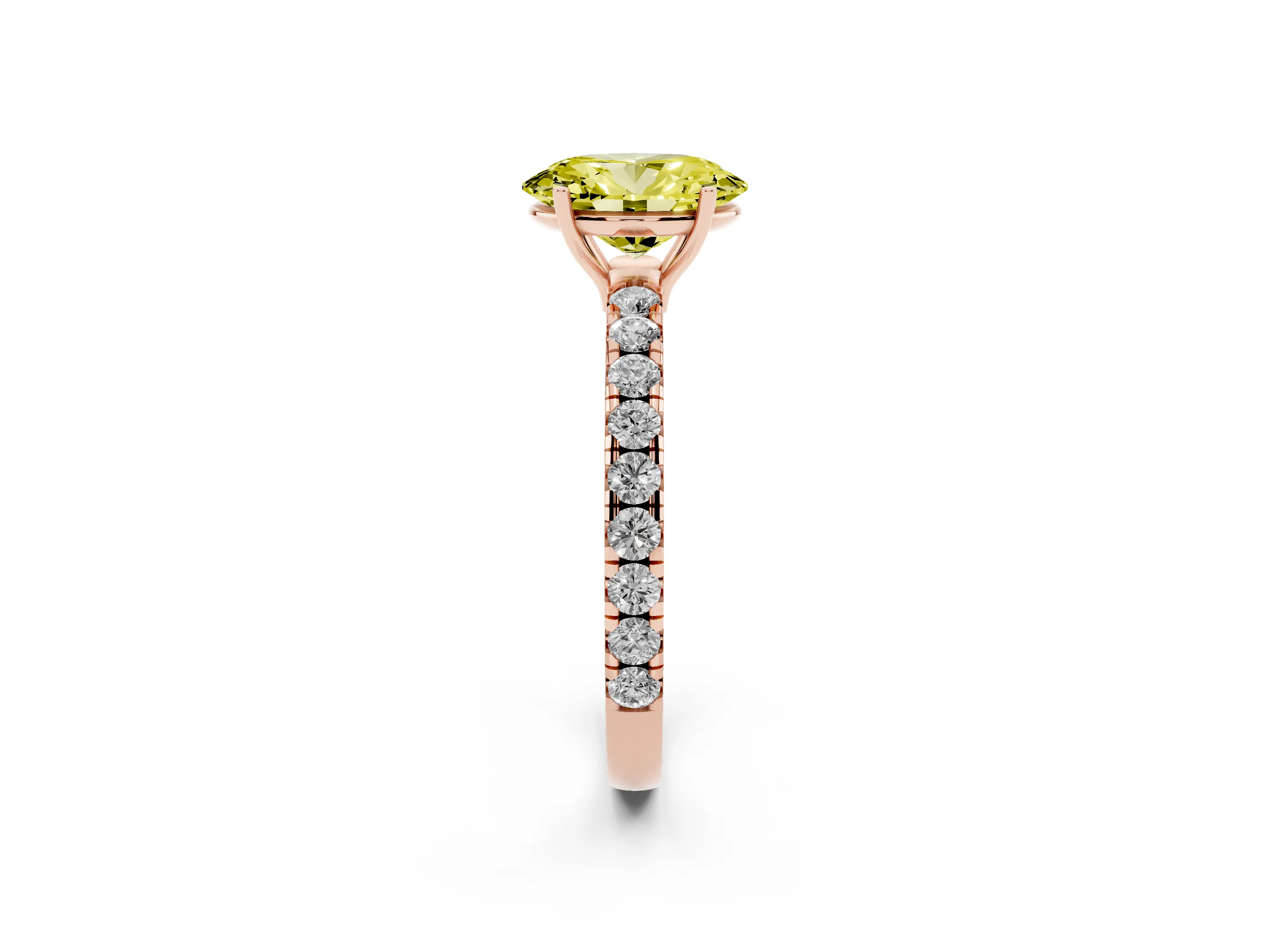 Fancy Yellow Oval Cut Diamond Pavé Solitaire Engagement Ring Set in Rose gold with Prong Setting