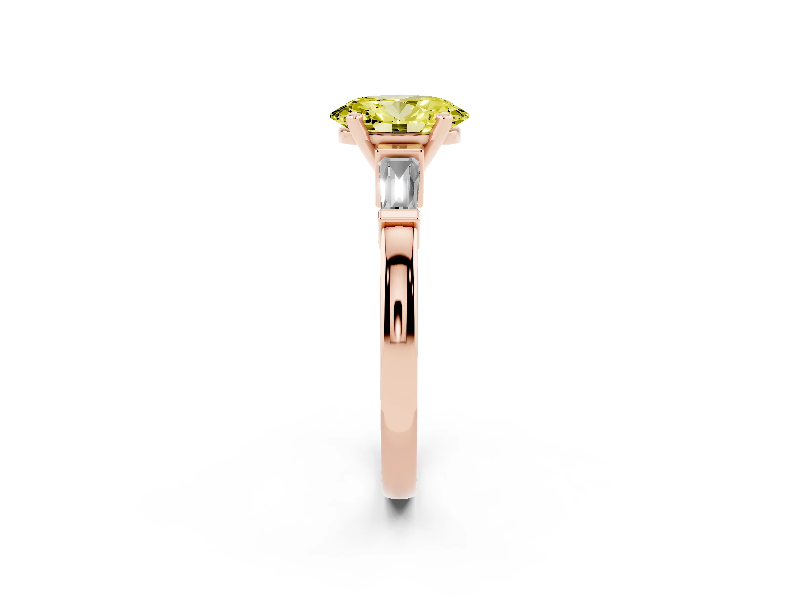 Fancy Yellow Oval Cut Diamond Solitaire Ring Set in Rose gold with Tapered Baguette Accents and Prong Setting