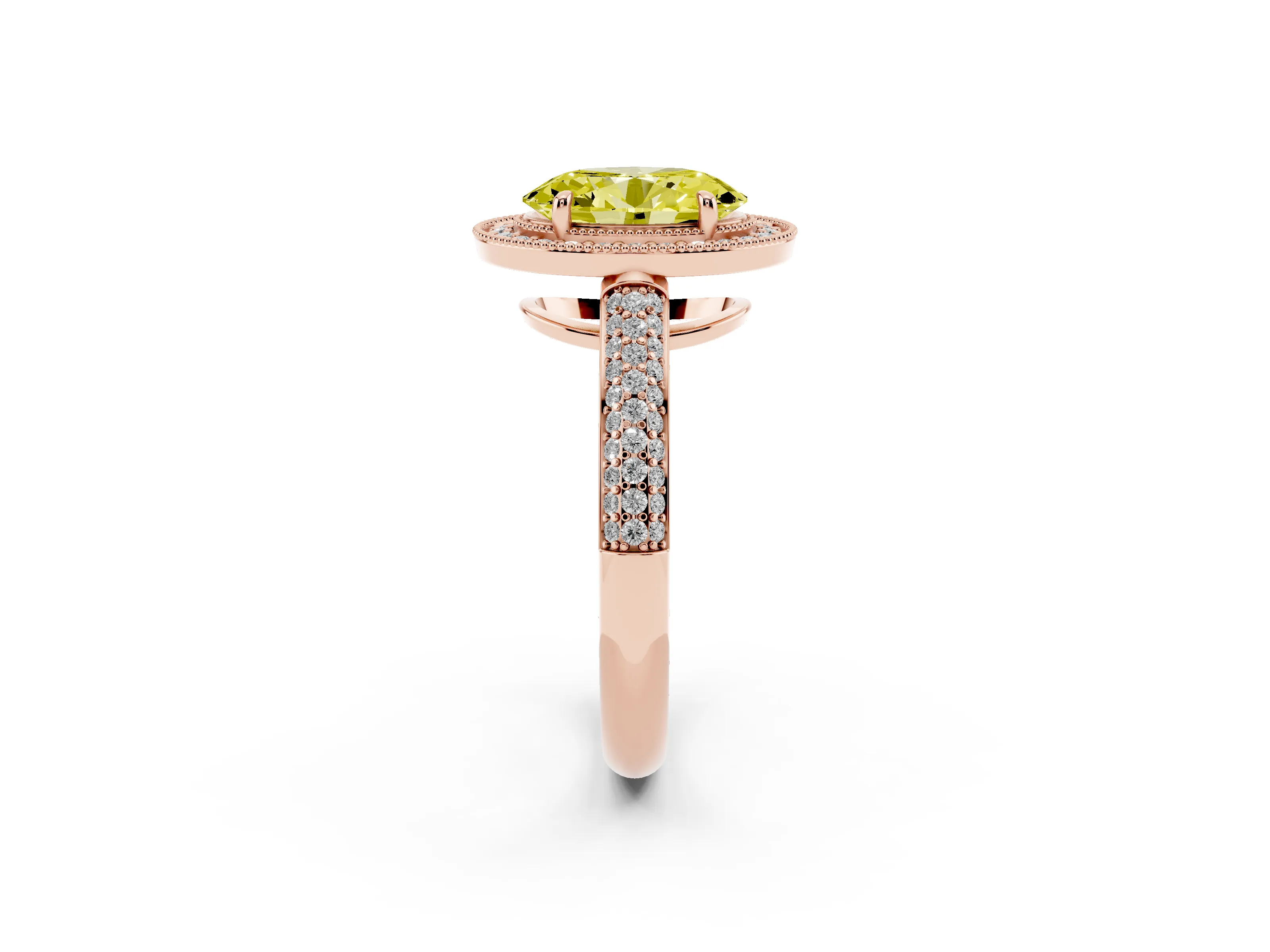 Fancy Yellow Oval Cut Diamond Halo Pavé Band Set in Rose gold with Prong Setting