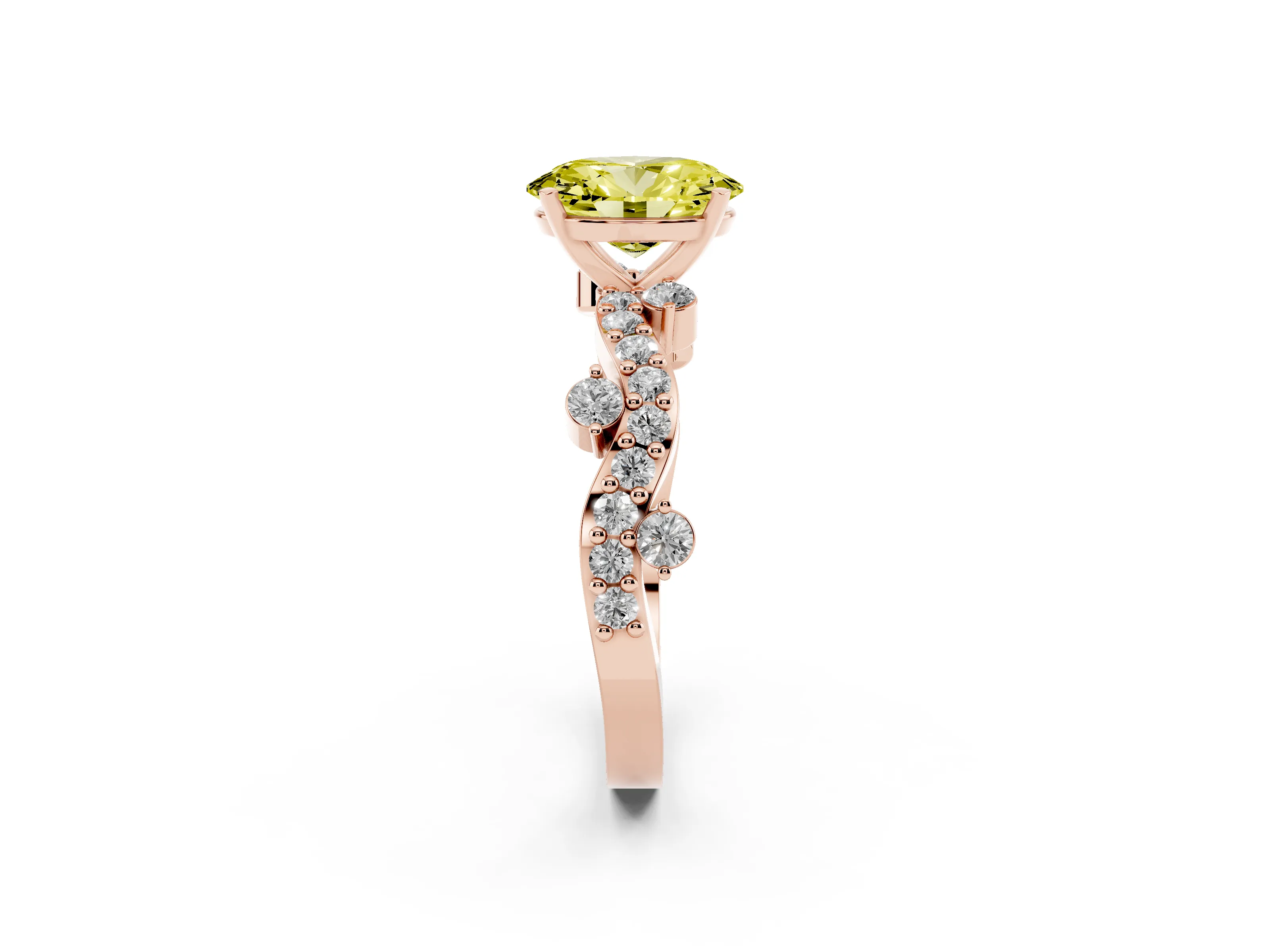 Fancy Yellow Oval Cut Diamond Solitaire Twisted Band Set in Rose gold with Pavé Setting