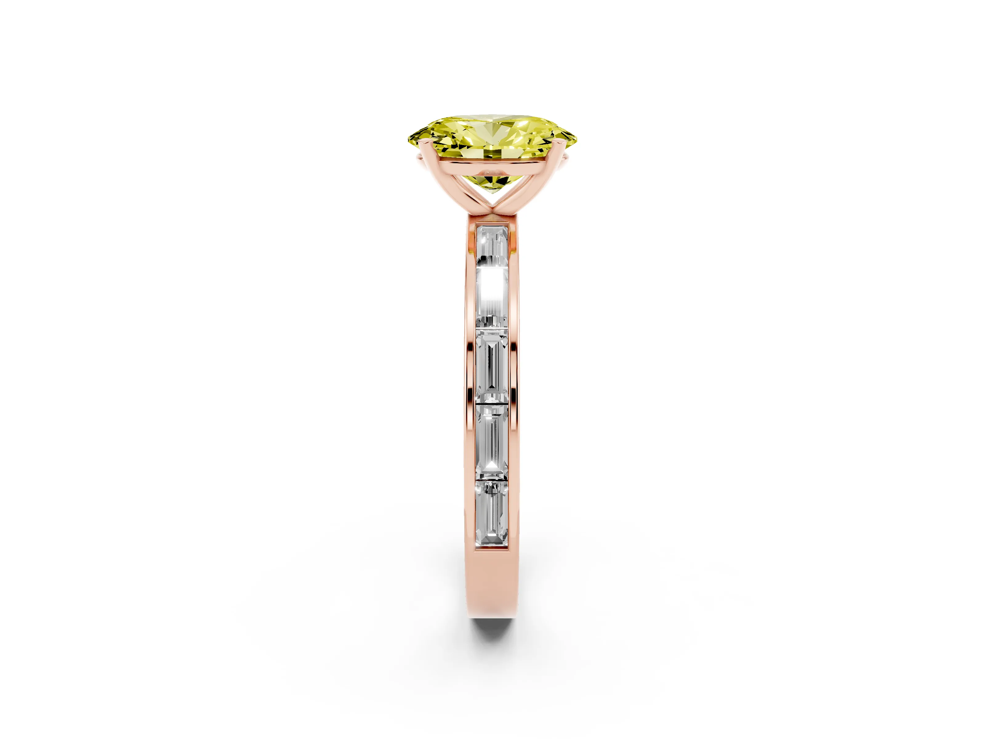 Fancy Yellow Oval Cut Diamond Solitaire Ring Set in Rose gold with Channel-Set Baguette Band and Prong Setting