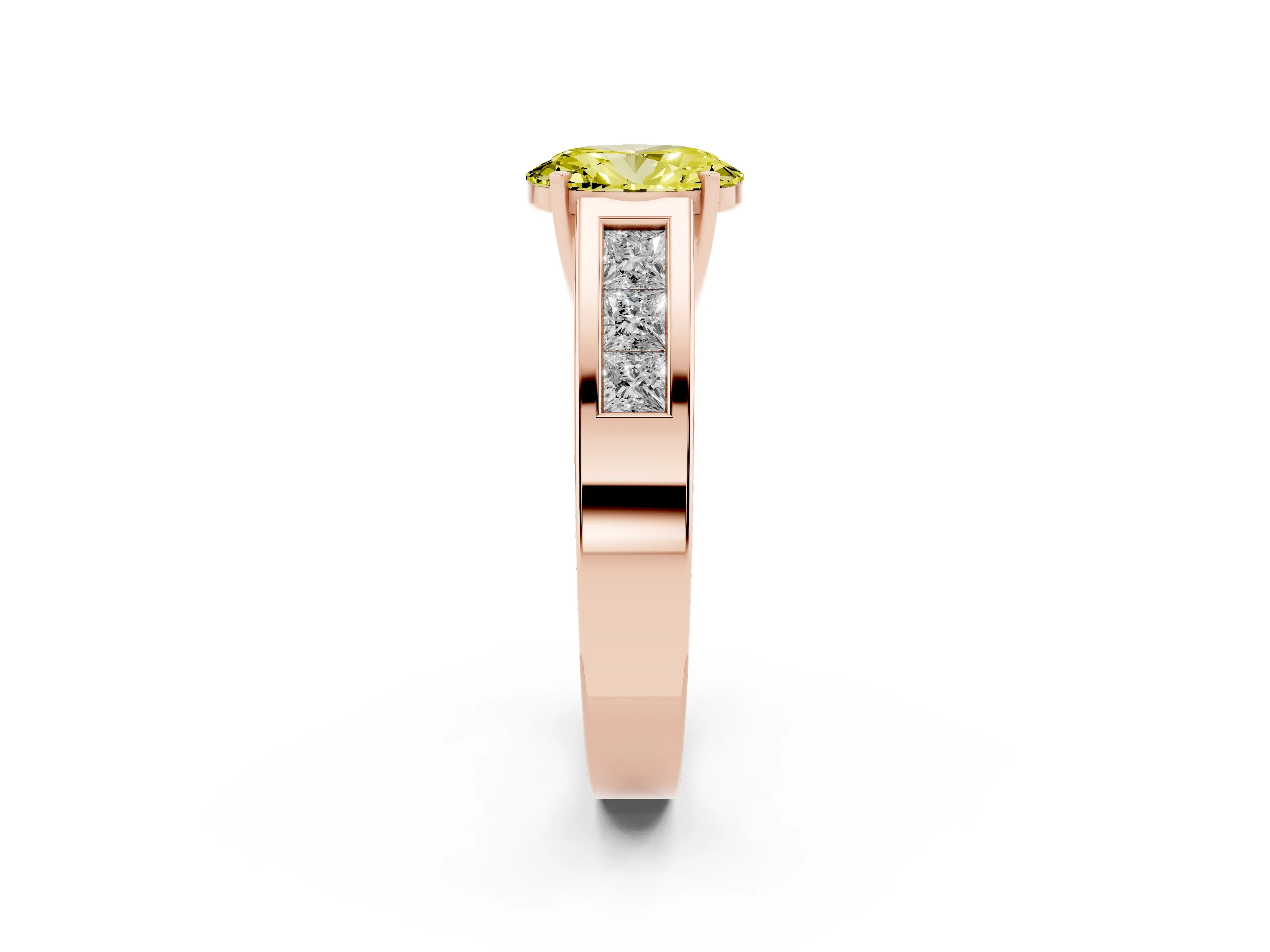Fancy Yellow Oval Cut Diamond Solitaire Ring Set in Rose gold with Channel-Set Accent Stones and Prong Setting
