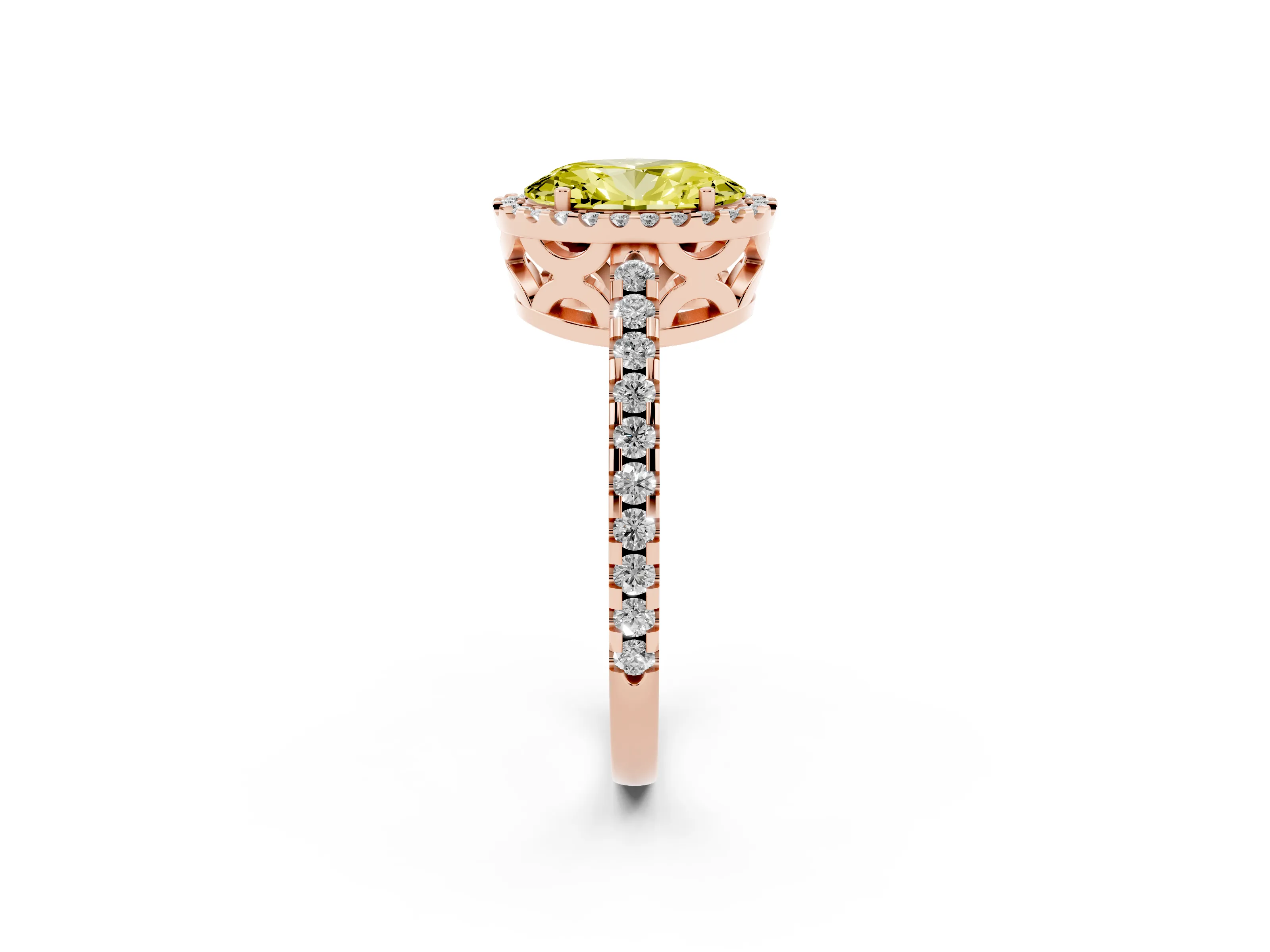 Fancy Yellow Oval Cut Diamond Halo Ring Set in Rose gold with Pavé Shoulders and Halo-Framed Center