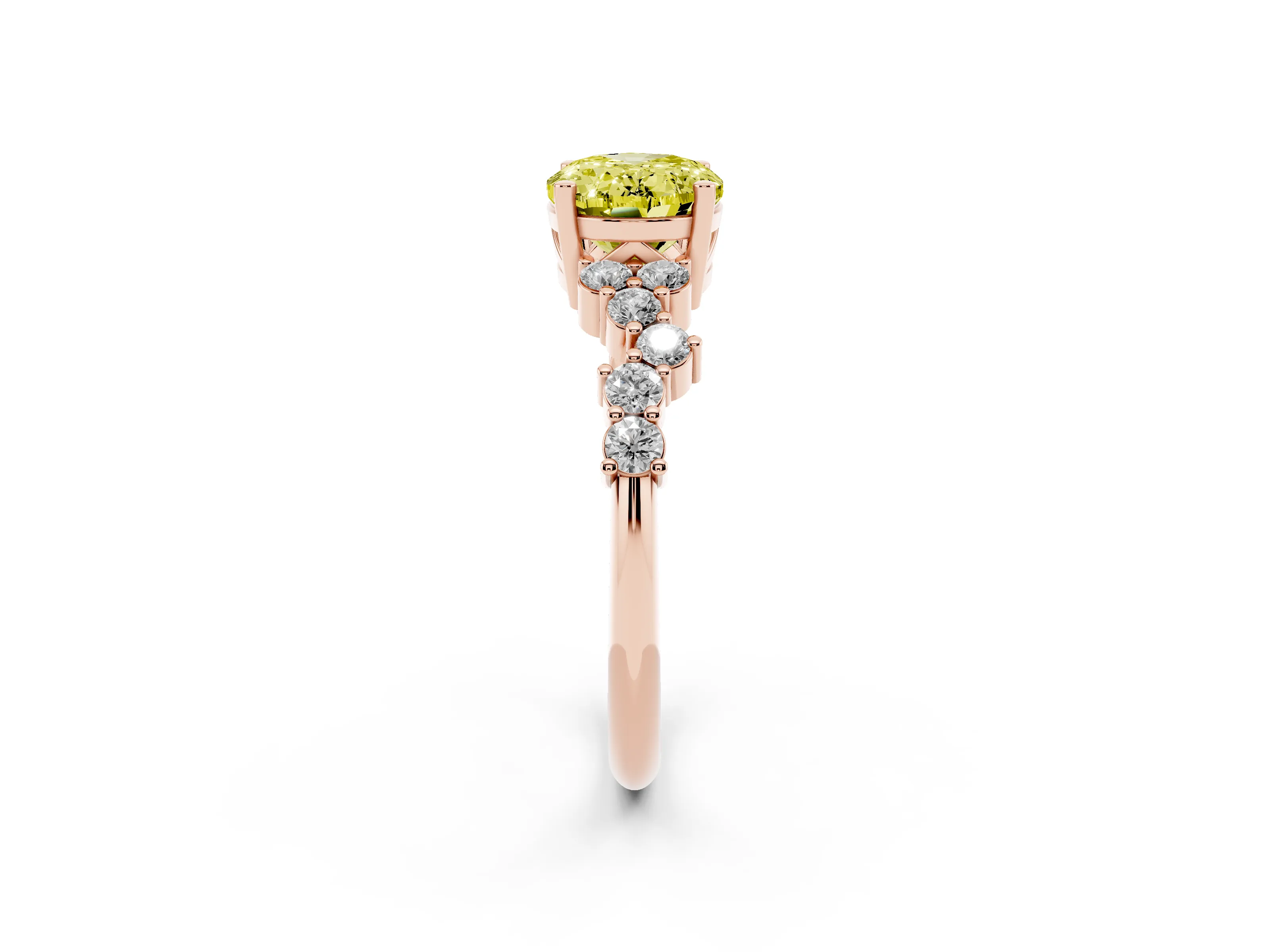 Fancy Yellow Oval Cut Diamond Ring Set in Rose gold with Scattered Round Accents