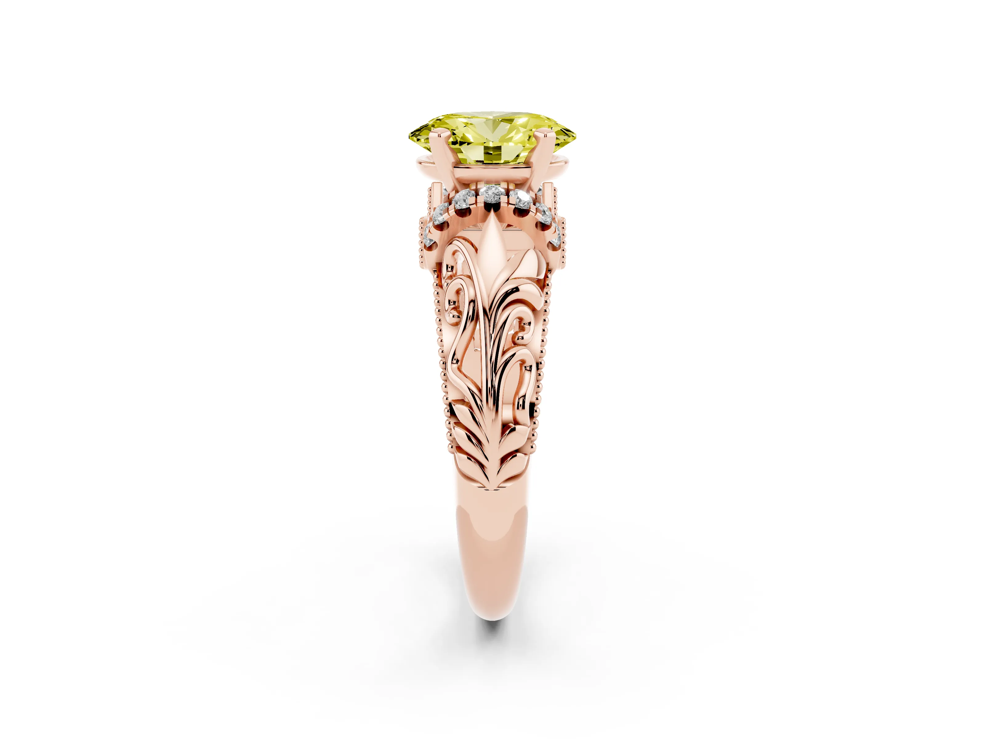 Fancy Yellow Oval Cut Diamond Filigree Halo Engagement Ring Set in Rose gold with Prong Setting