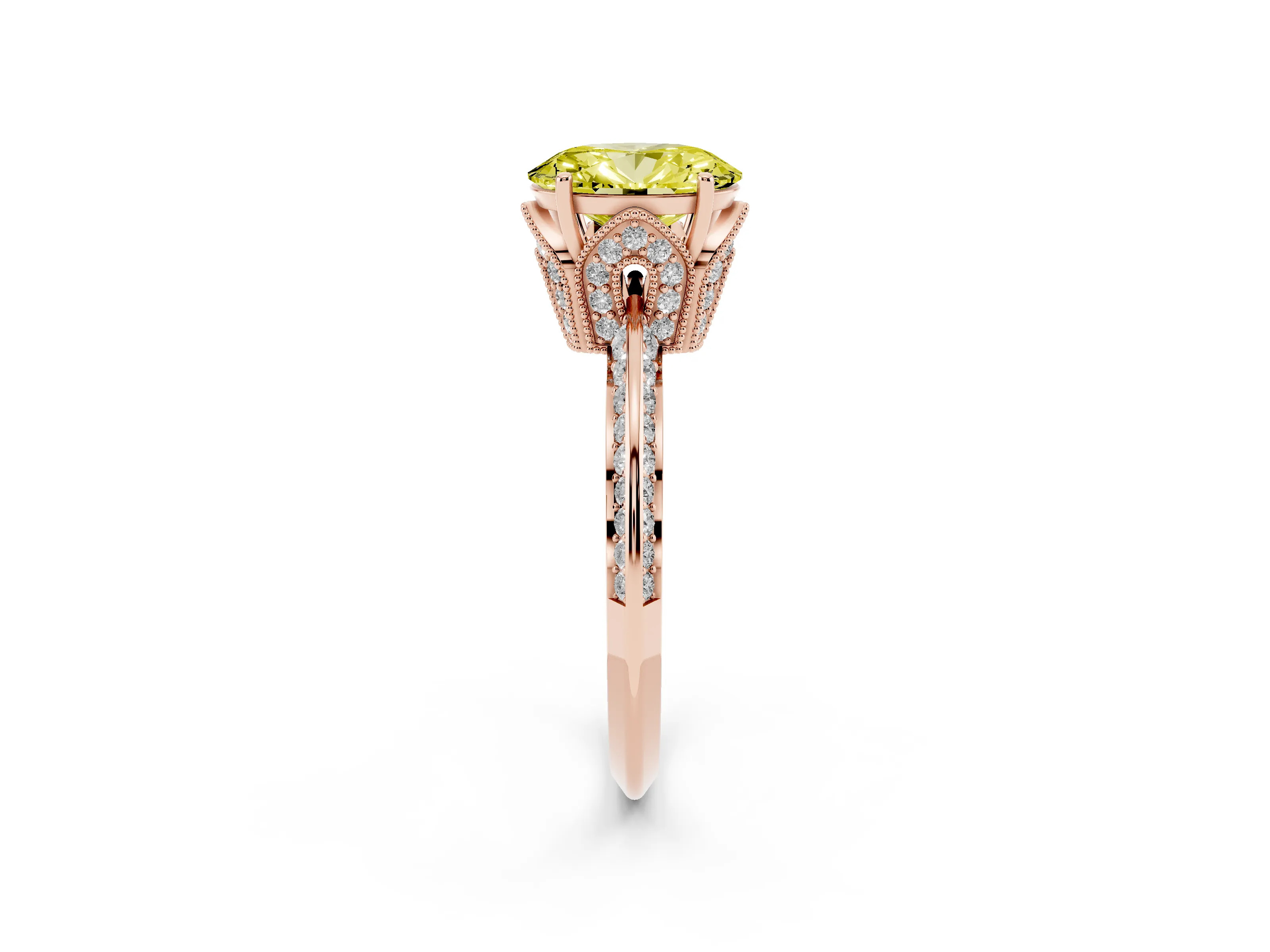Fancy Yellow Oval Cut Diamond Solitaire Engagement Ring Set in Rose gold with Pavé Split Shank and Prong Setting