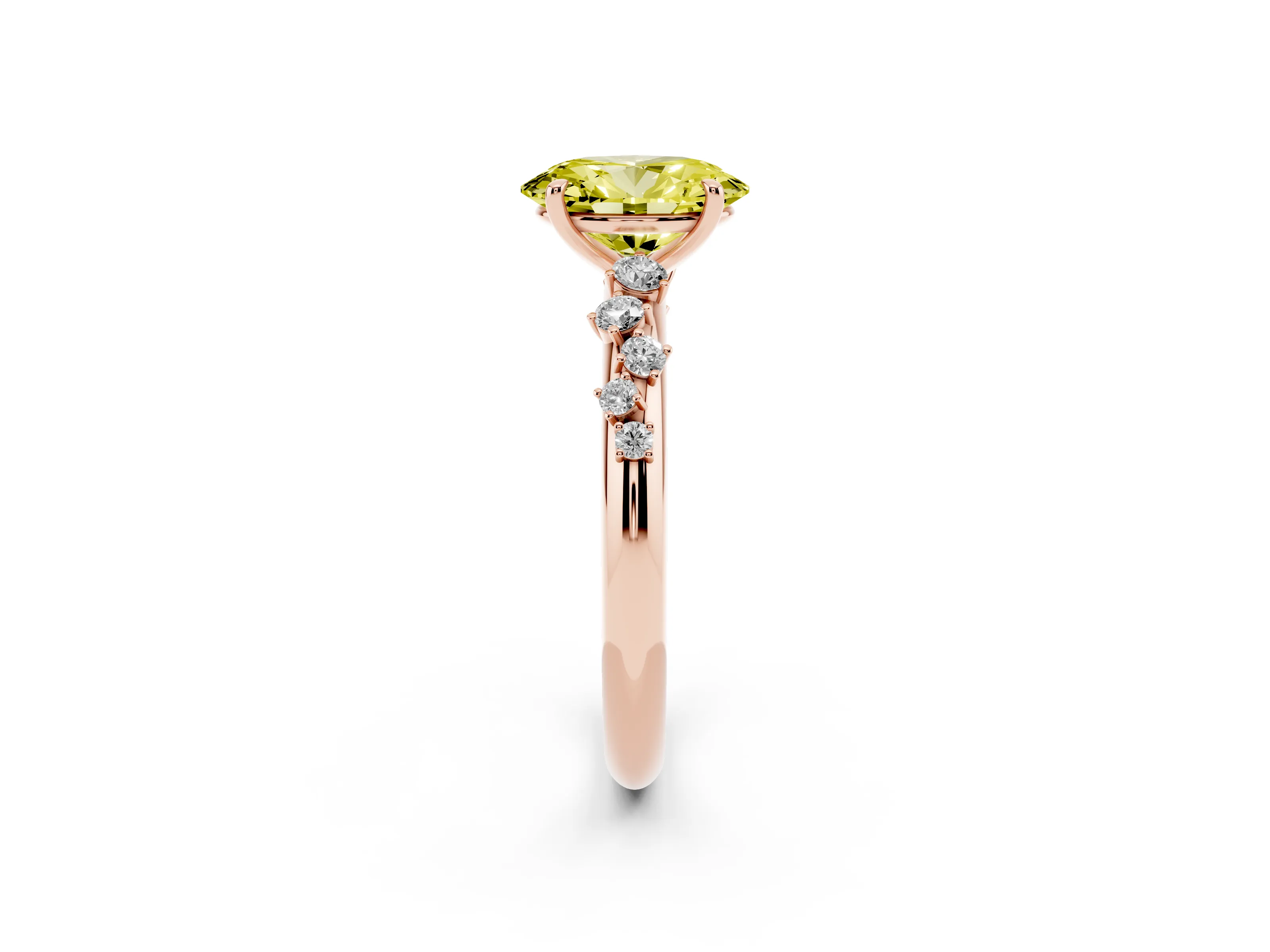 Fancy Yellow Oval Cut Diamond Cluster Solitaire Ring Set in Rose gold with Prong Setting