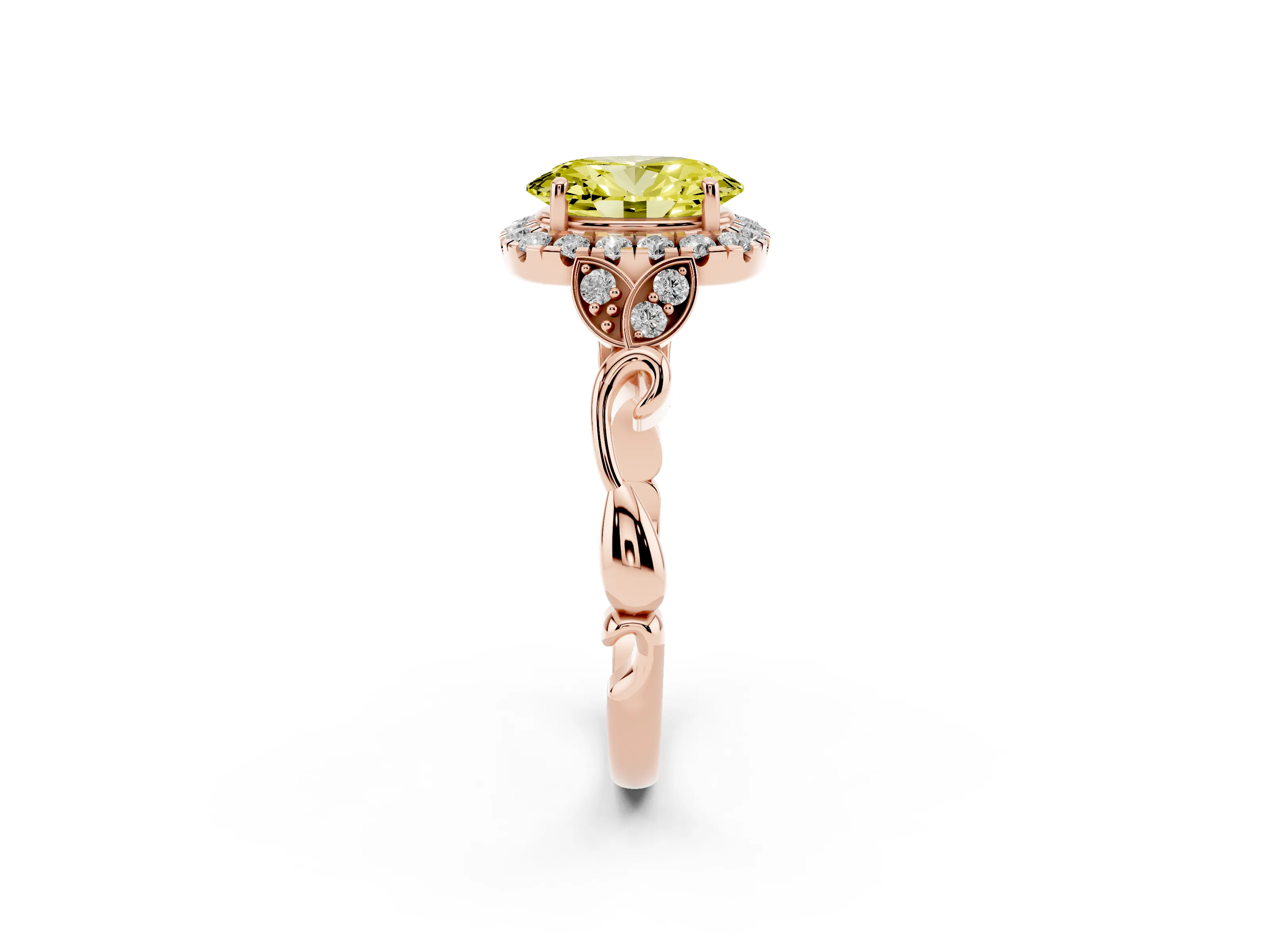Fancy Yellow Oval Cut Diamond Halo Engagement Ring Set in Rose gold with Vintage-Inspired Band and Prong Setting