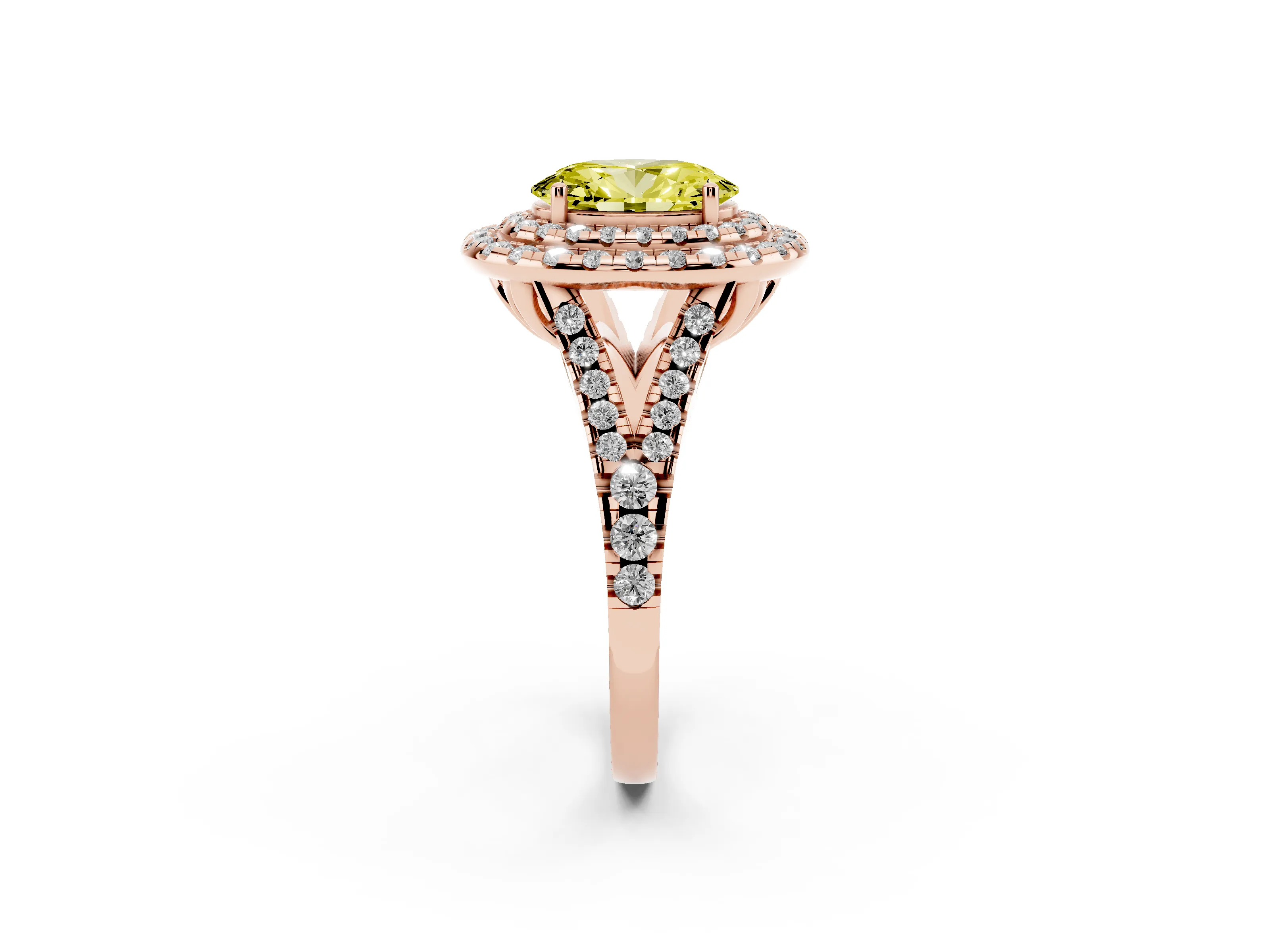 Fancy Yellow Oval Cut Diamond Double Halo Ring Set in Rose gold with Pavé Split Shank and Prong Setting