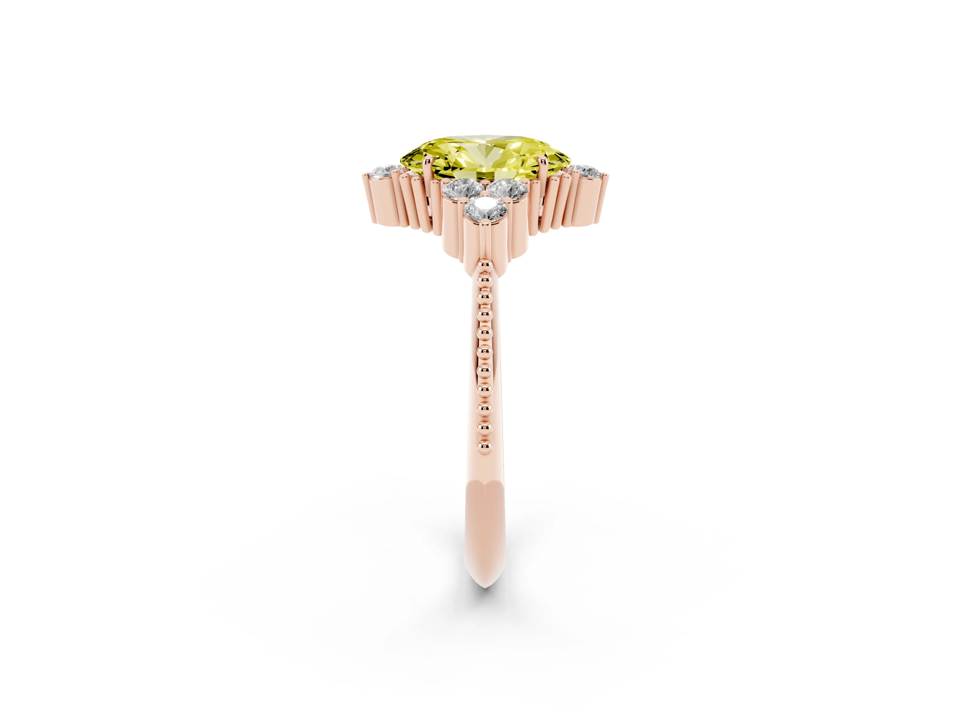 Fancy Yellow Oval Cut Diamond Cluster Ring Set in Rose gold with Beaded Band
