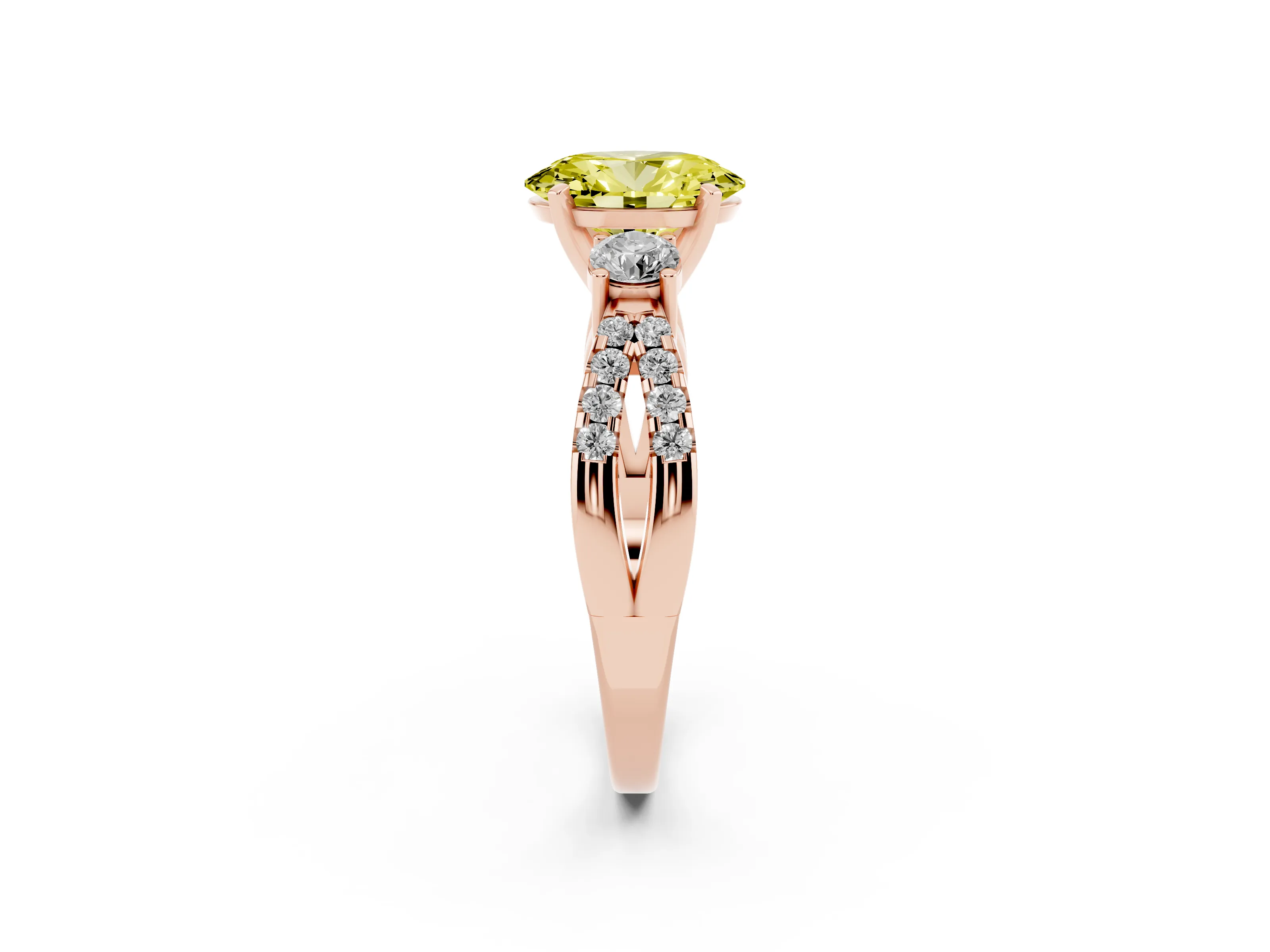 Fancy Yellow Oval Cut Diamond Three-Stone Ring Set in Rose gold with Pavé Split Shank and Prong Setting