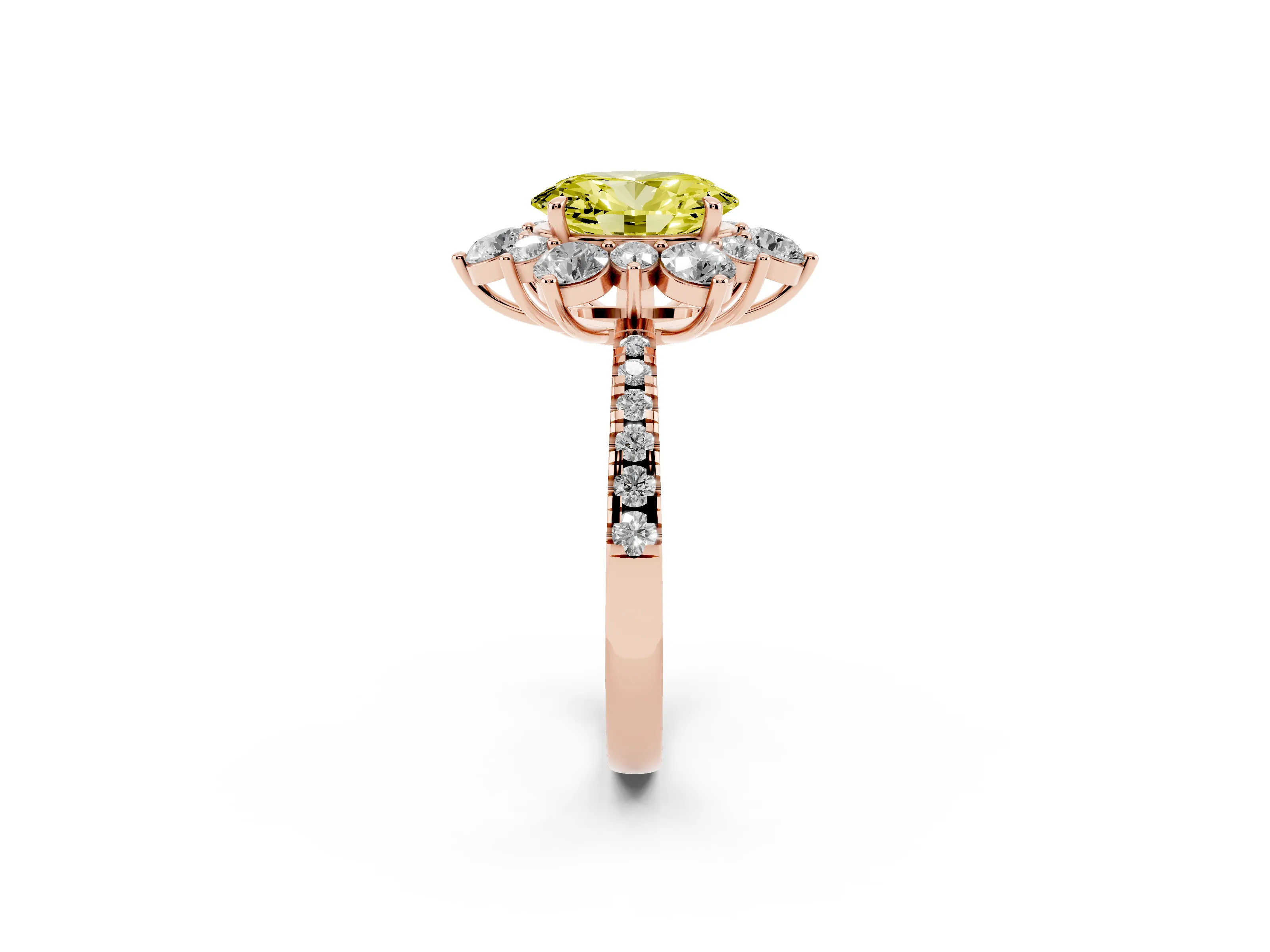 Fancy Yellow Oval Cut Diamond Floral Halo Ring Set in Rose gold with Round Pavé Band and Prong Setting
