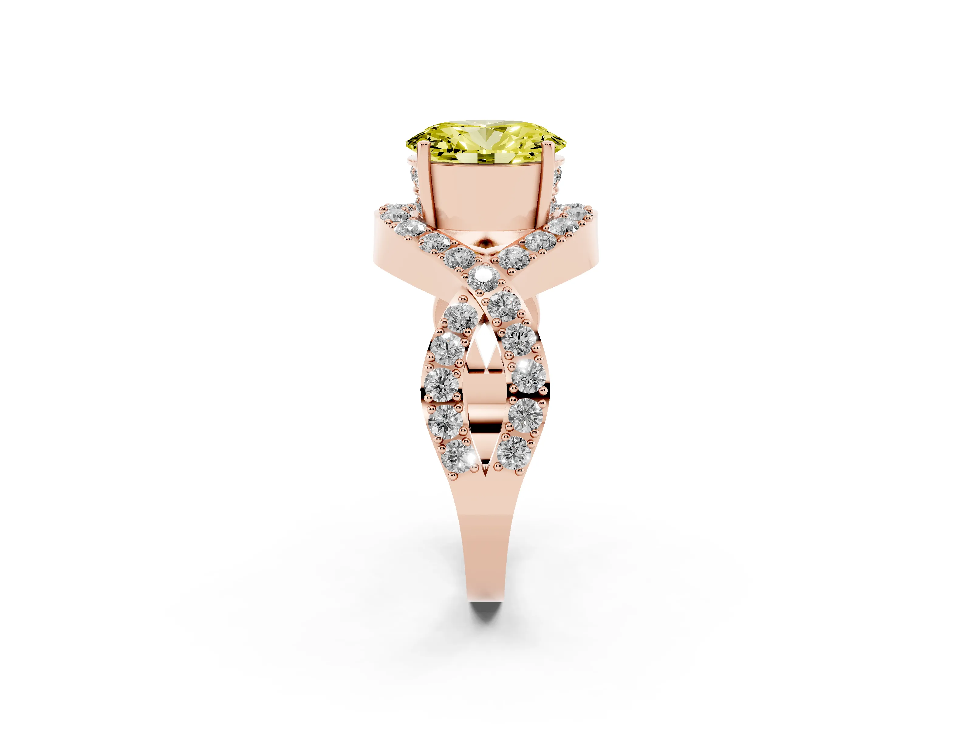 Fancy Yellow Oval Cut Diamond Solitaire Twist Band Pavé Engagement Ring Set in Rose gold