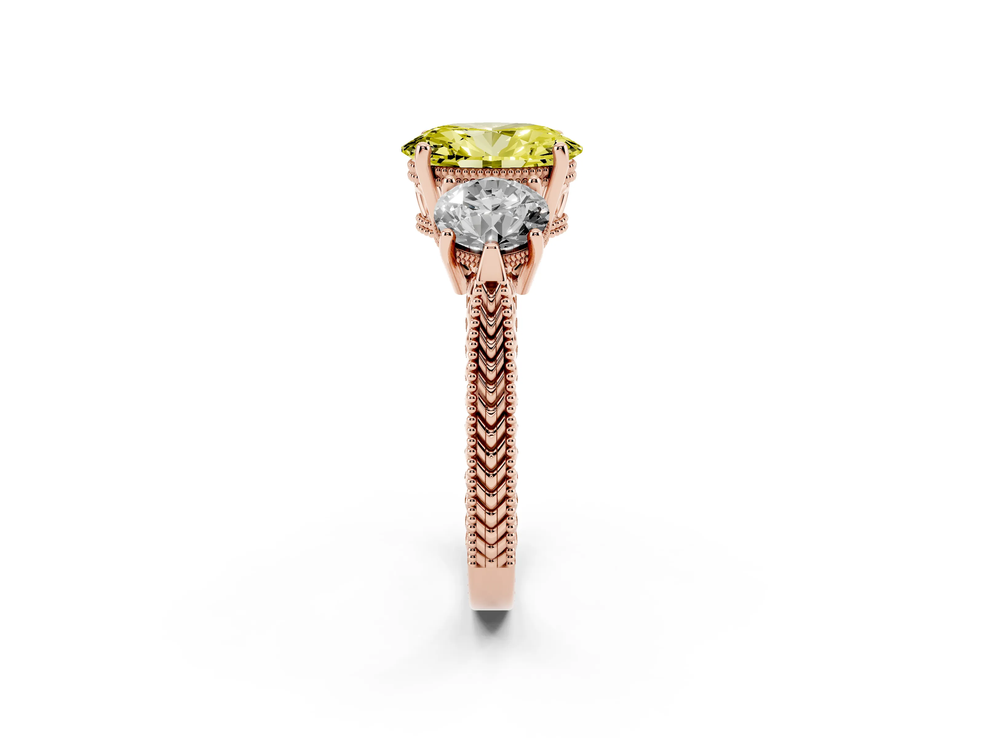 Fancy Yellow Oval Cut Diamond Three-Stone Ring Set in Rose gold with Milgrain Band