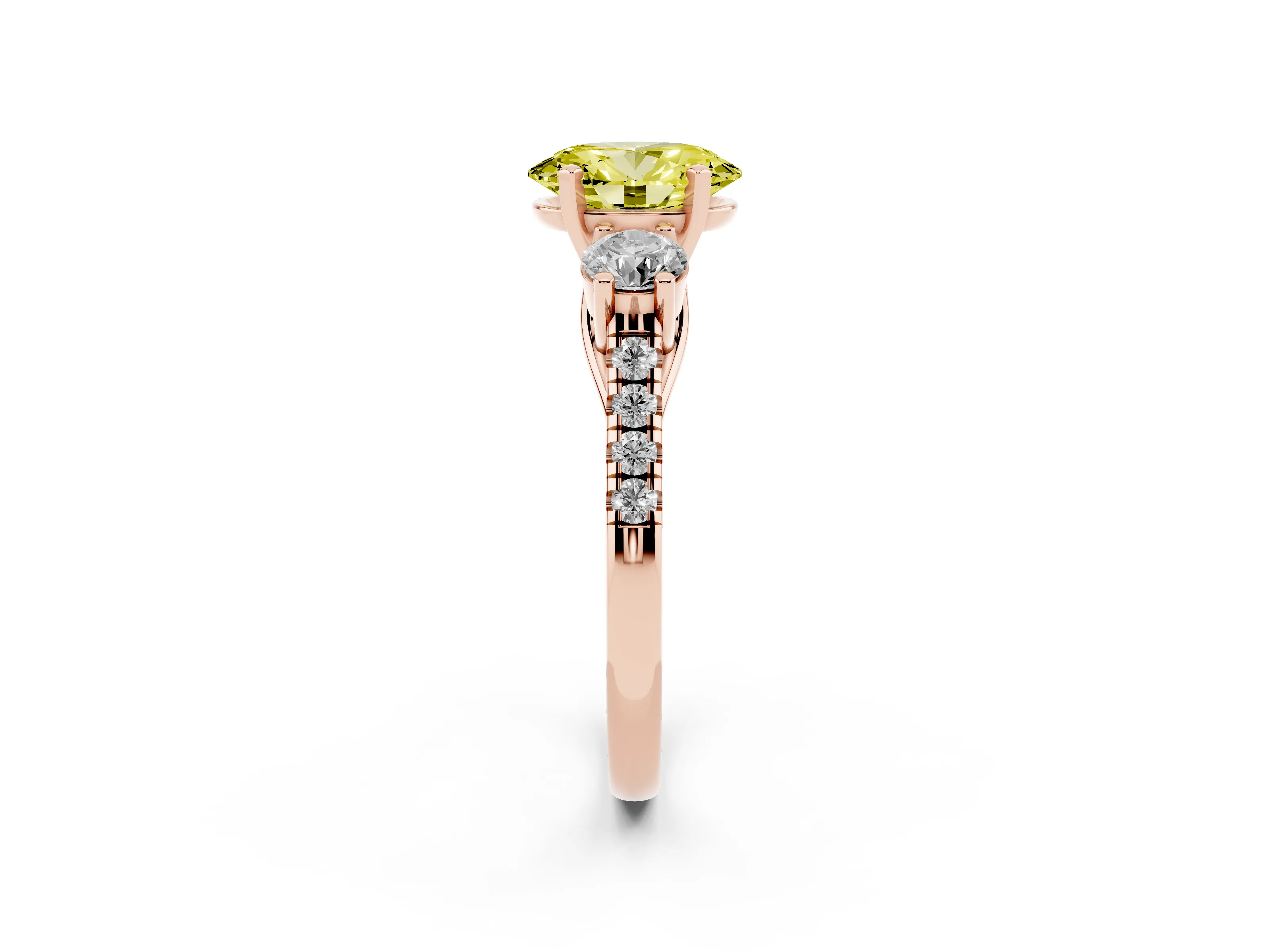 Fancy Yellow Three-Stone Oval Cut Diamond Pavé Band Ring Set in Rose gold with Prong-Set Trio