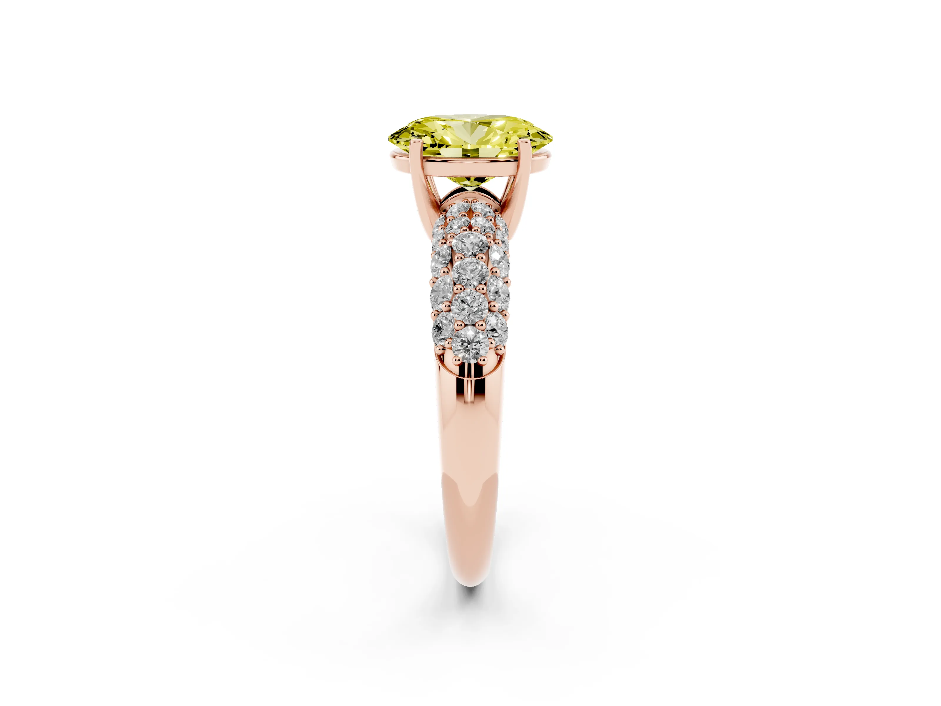 Fancy Yellow Oval Cut Diamond Pavé Band Solitaire Ring Set in Rose gold with Close-Set Accent Stones and Prong Setting