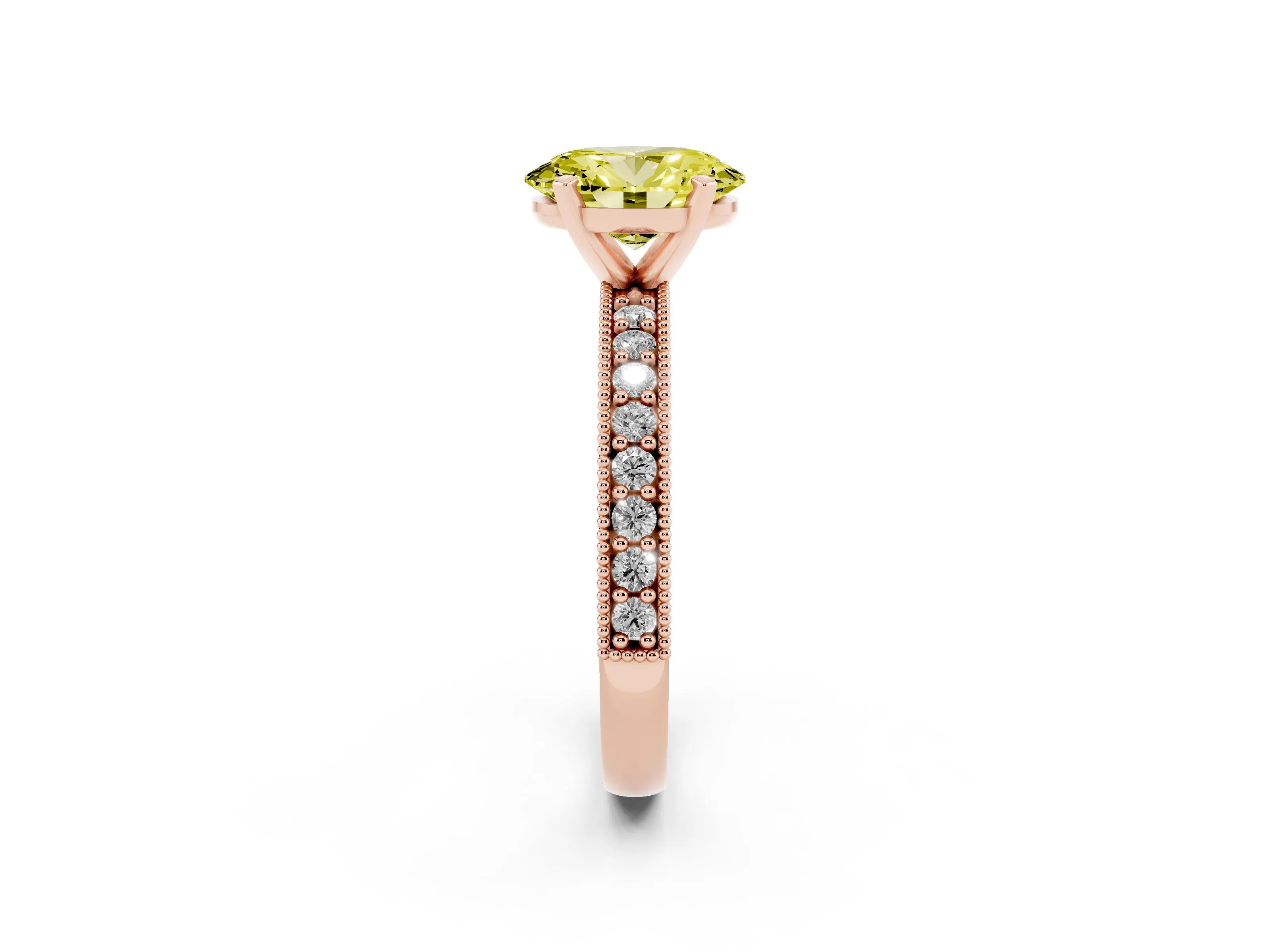 Fancy Yellow Oval Cut Diamond Milgrain Pavé Engagement Ring Set in Rose gold with Prong Setting