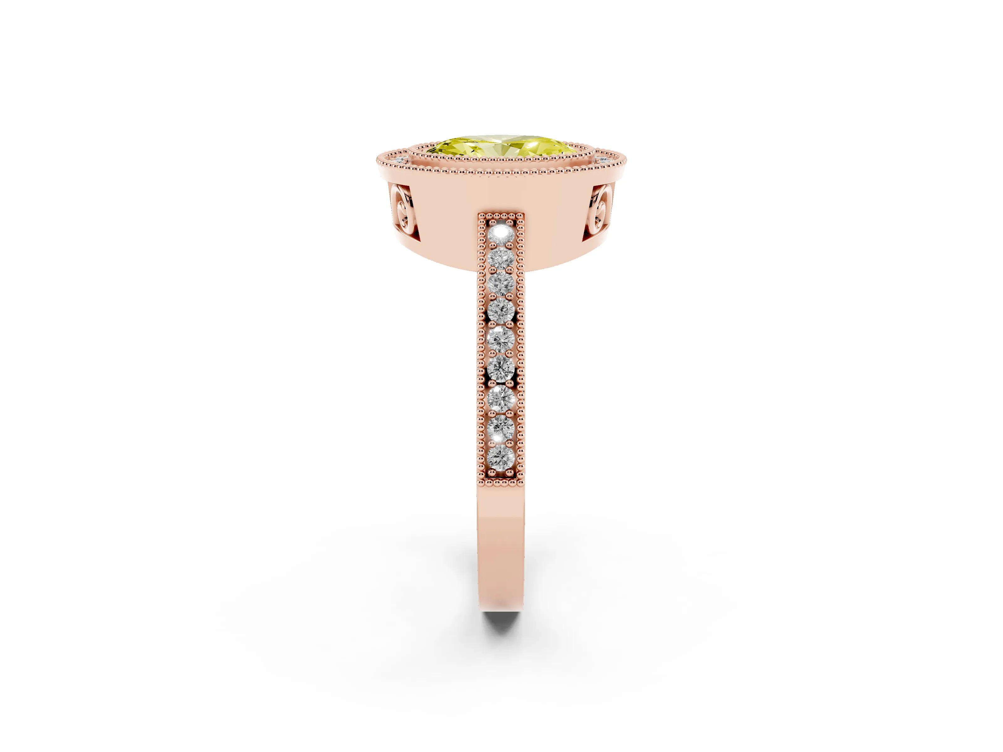 Fancy Yellow Oval Cut Diamond Round Halo Ring Set in Rose gold with Pavé Band