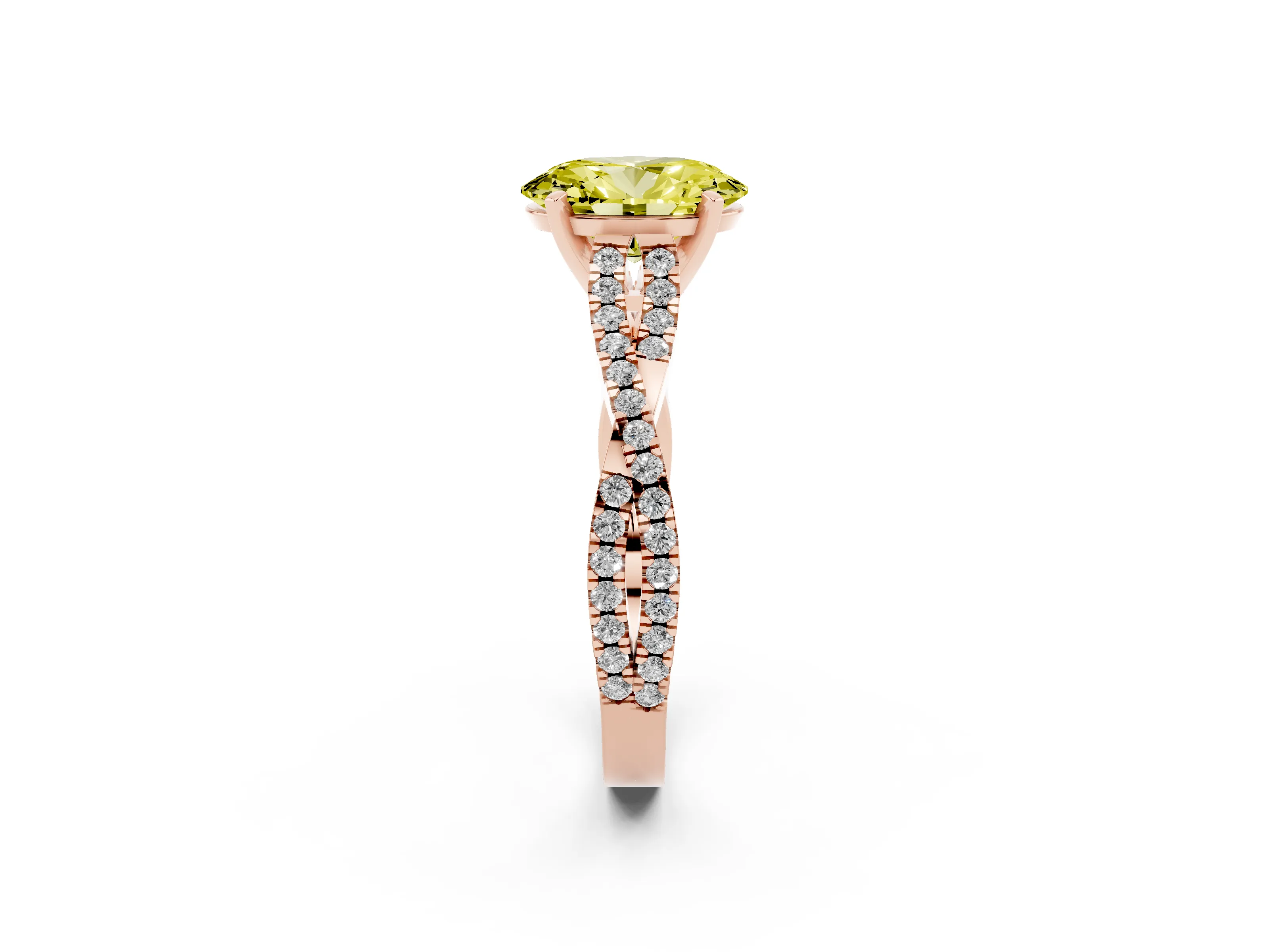 Fancy Yellow Oval Cut Diamond Solitaire Engagement Ring Set in Rose gold with Twisted Pavé Band and Prong Setting