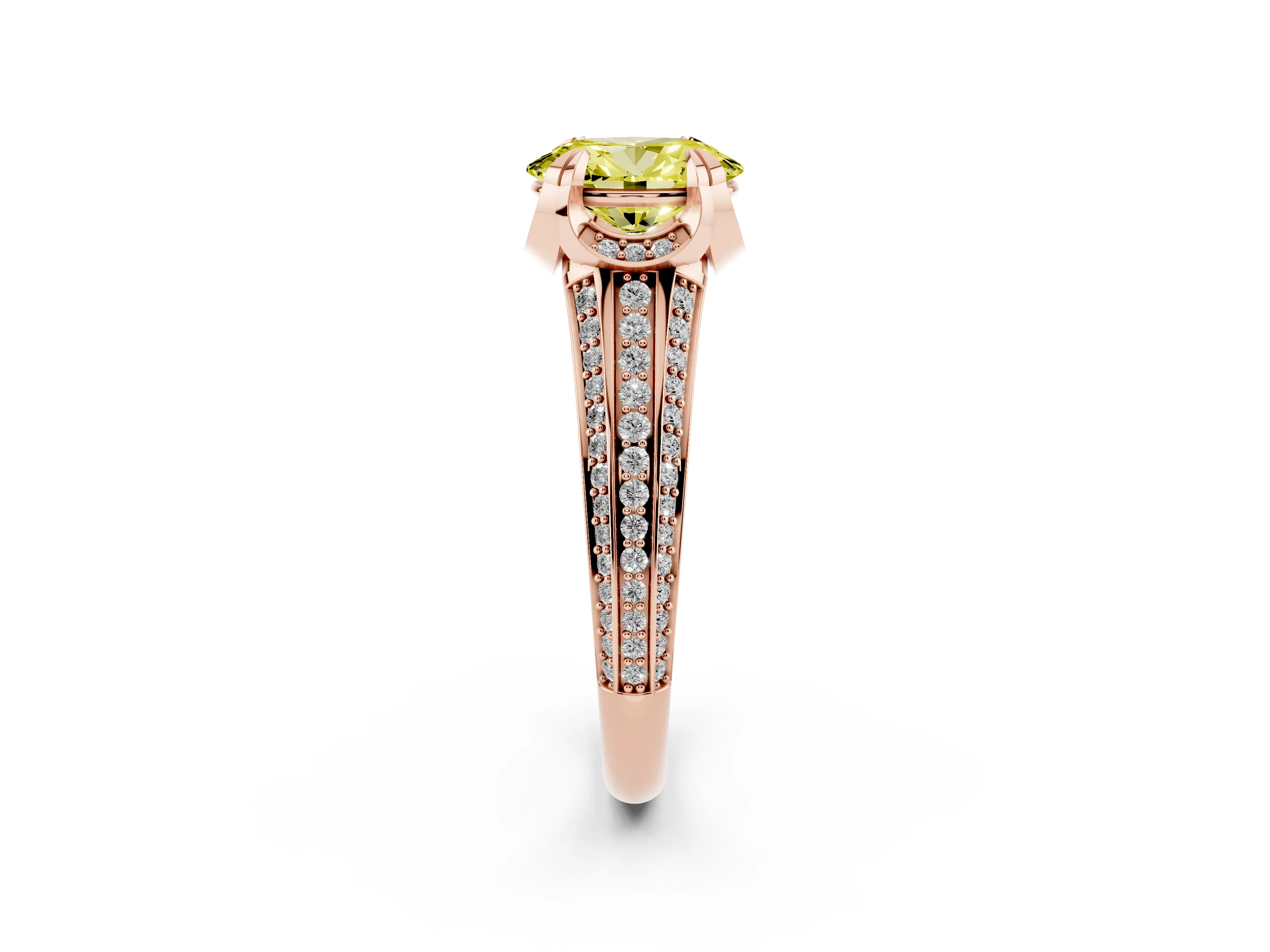 Fancy Yellow Oval Cut Diamond Pavé Split Shank Solitaire Ring Set in Rose gold with Prong Setting