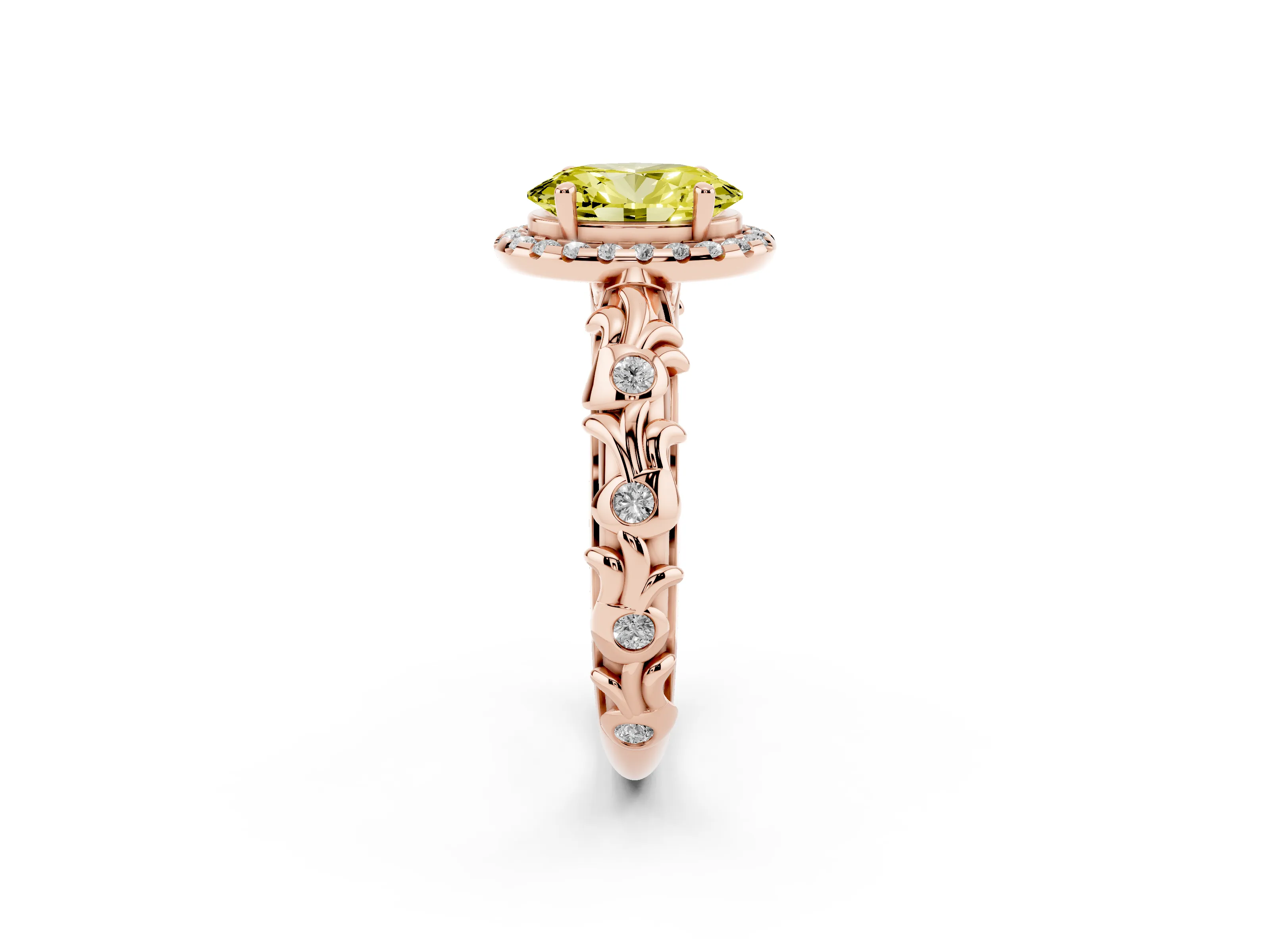 Fancy Yellow Oval Cut Diamond Halo Ring Set in Rose gold with Filigree Leaf Band and Prong Setting